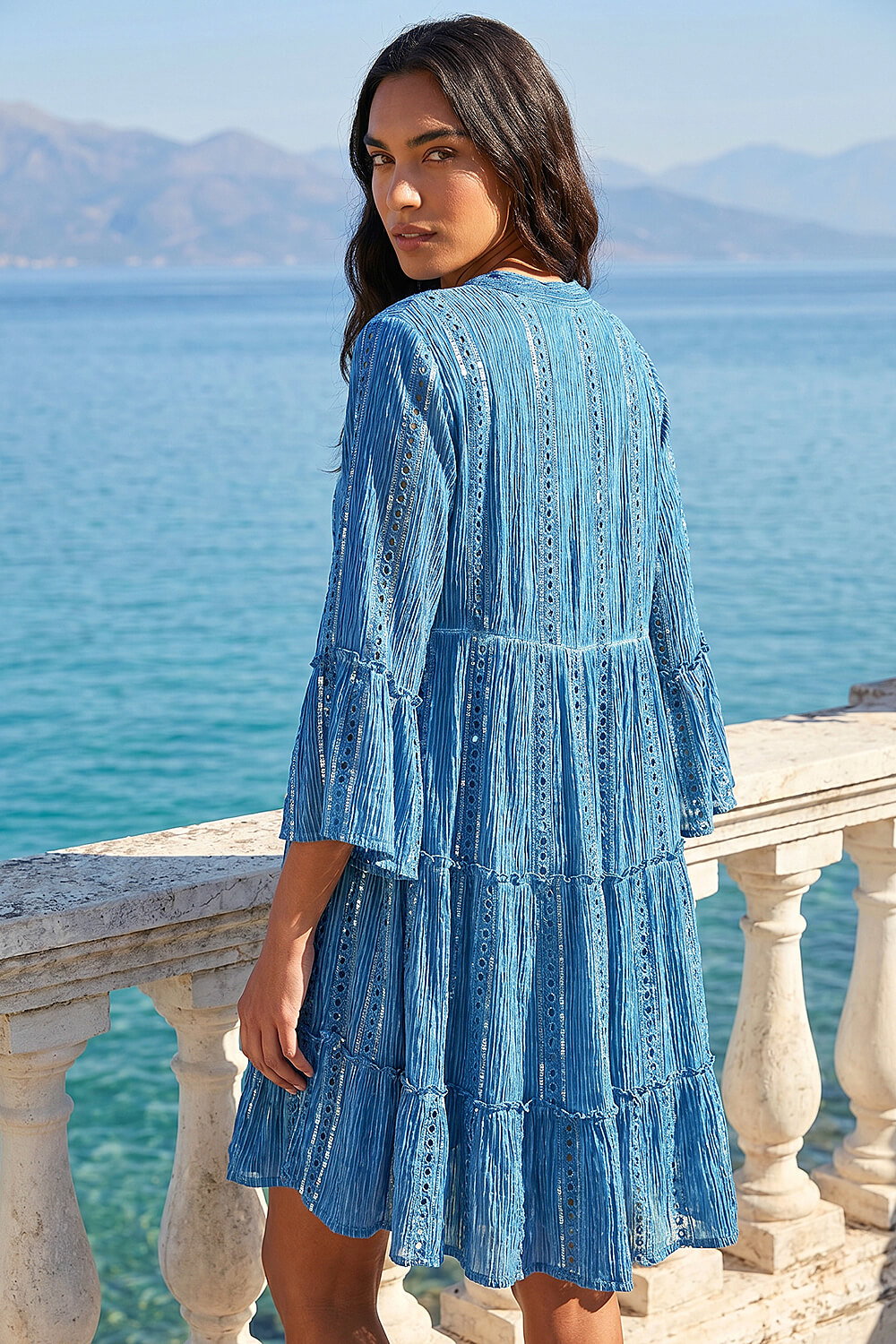 Denim Shimmer Tie Detail Smock Dress, Image 3 of 4