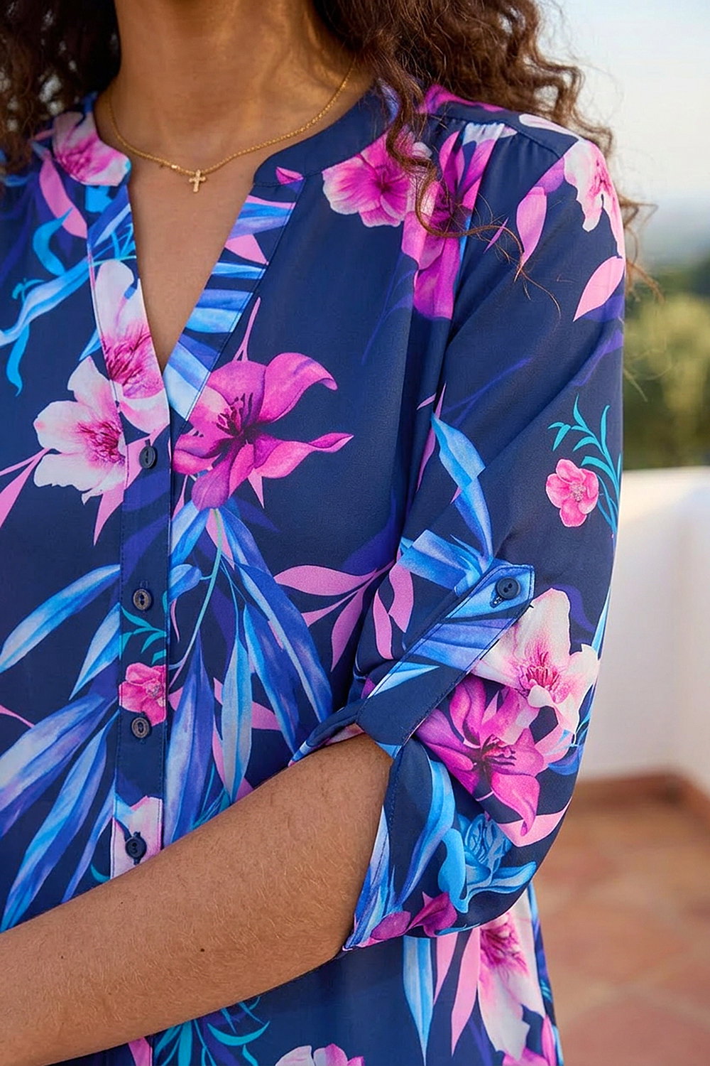 Pink Tropical Print Longline Blouse, Image 5 of 4