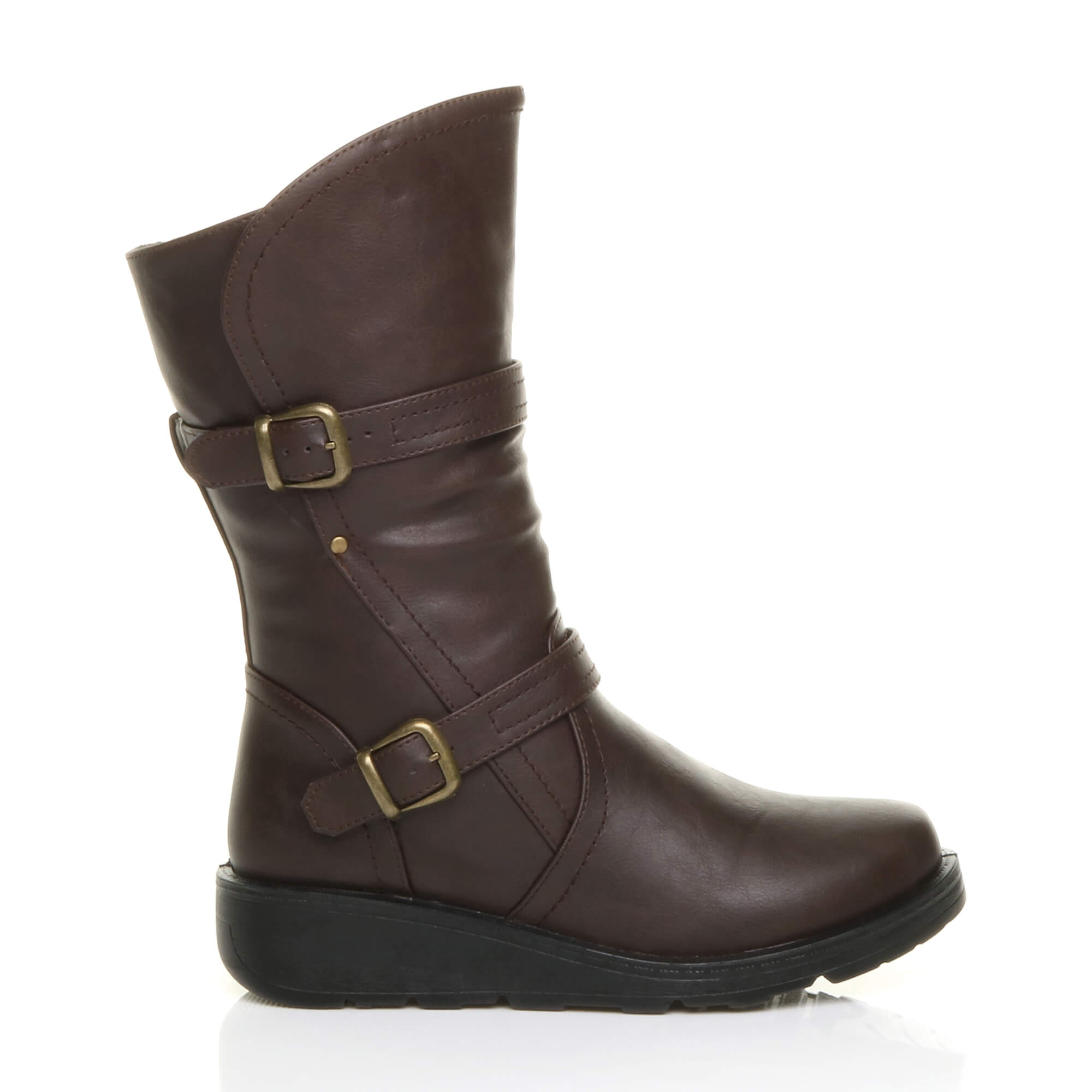 Brown AJVANI Brown Low Wedge Heel Comfort Calf Biker Boots, Image 2 of 6