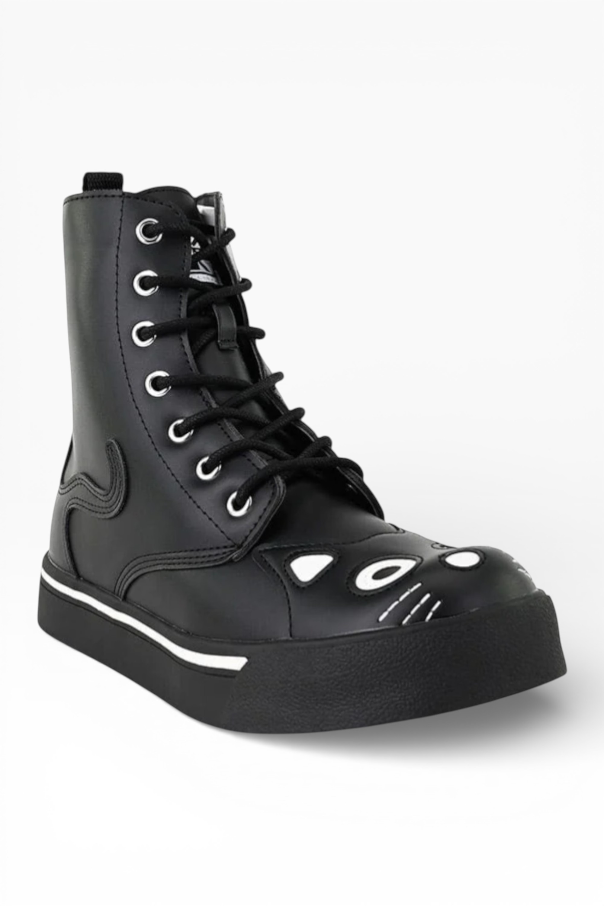 Black Kitty Faux Leather Combat Sneaker Boots, Image 2 of 8