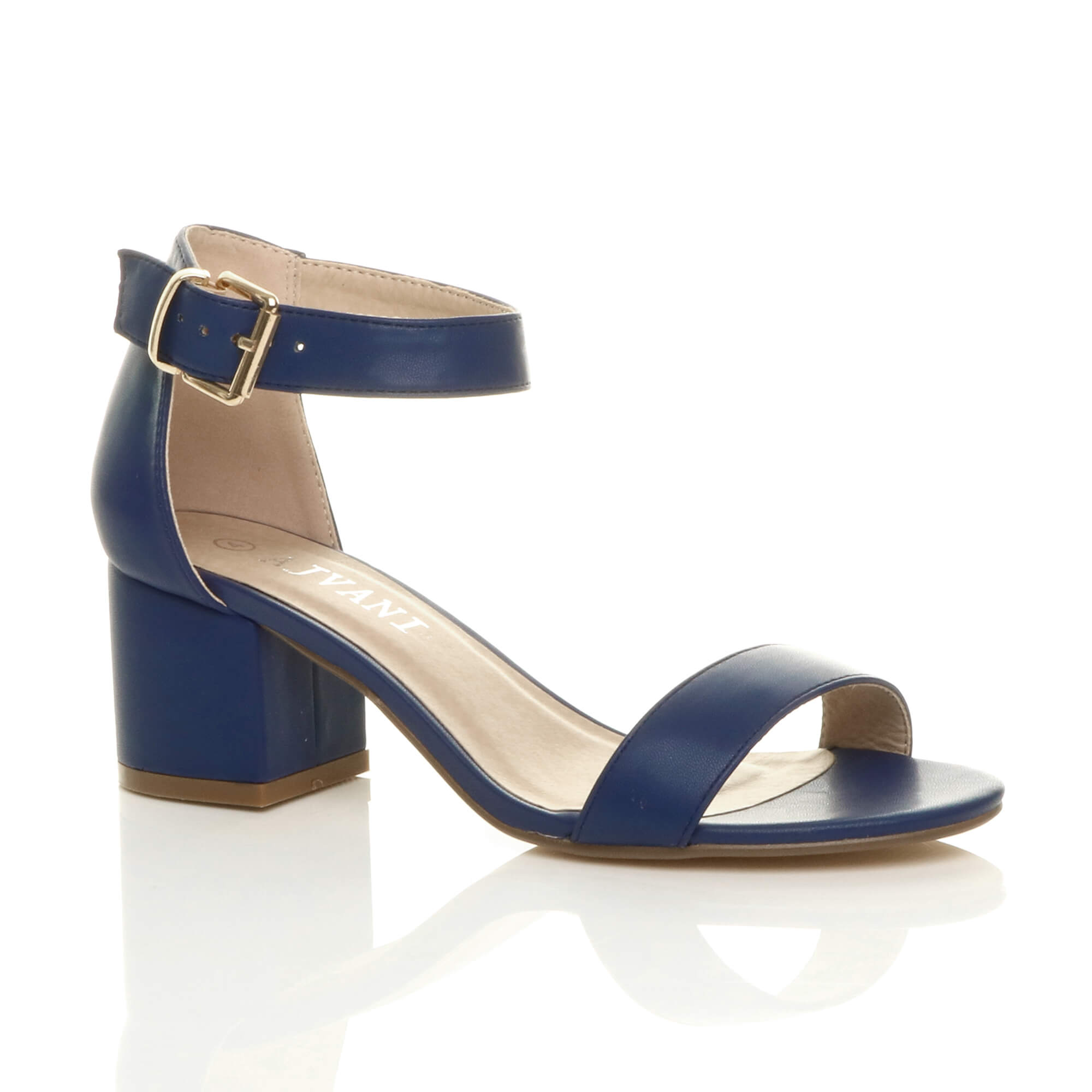 Navy Blue AJVANI Navy Blue Mid Block Heel Ankle Strap Sandals, Image 1 of 6