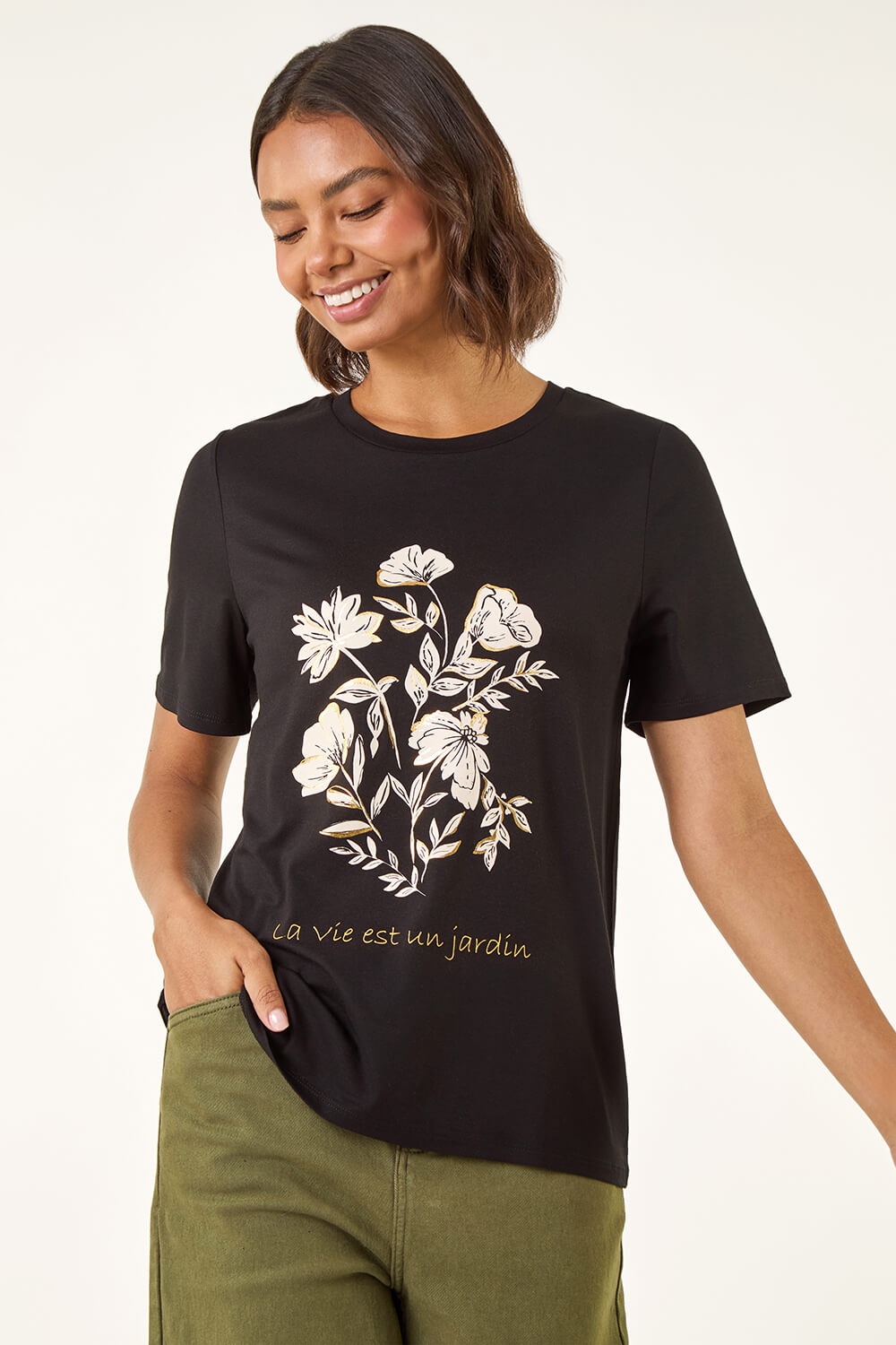 Black Floral Placement Short Sleeve T-Shirt, Image 5 of 5
