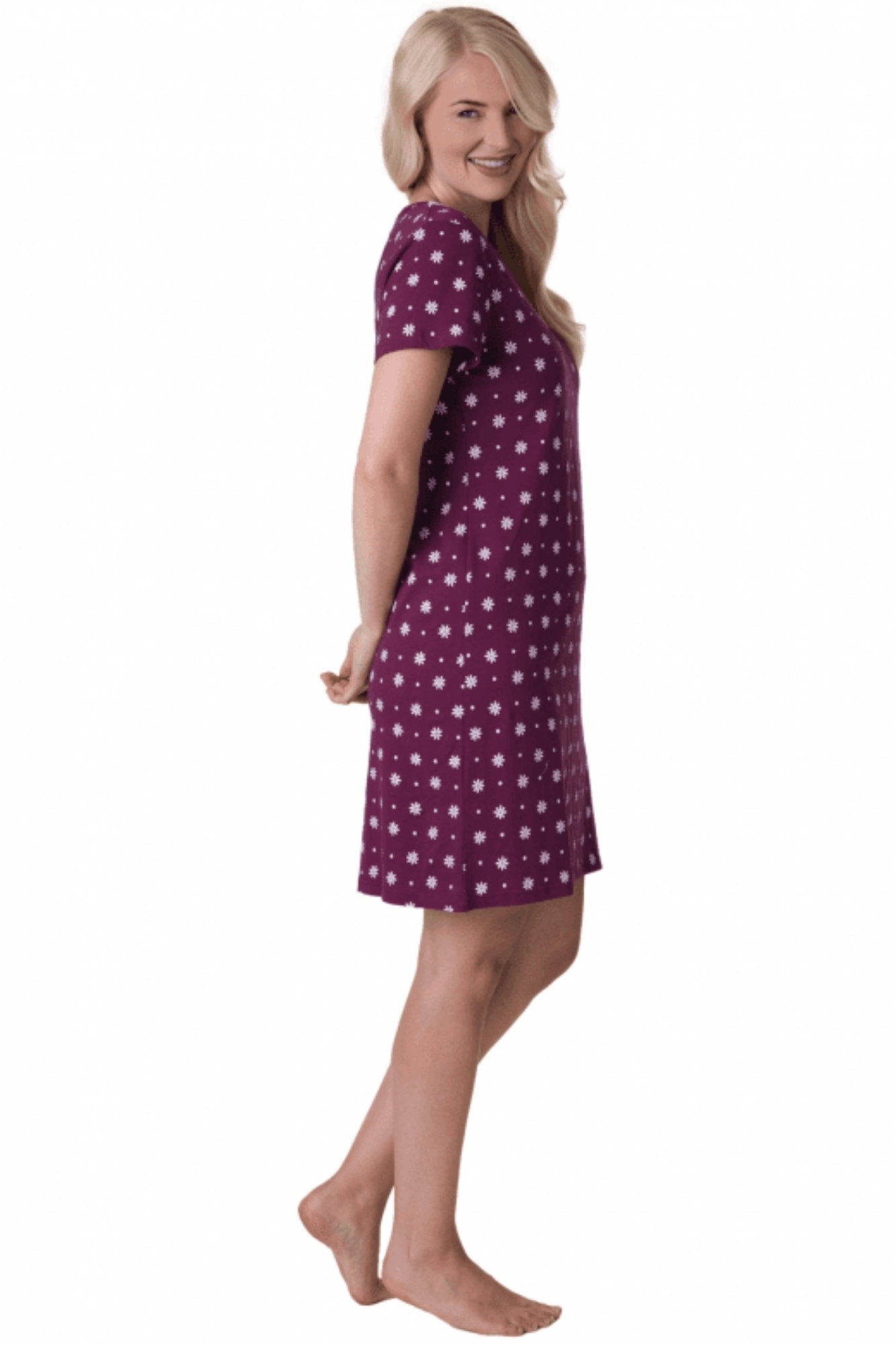 Purple Floral Dot Print Cotton Nightdress, Image 2 of 5