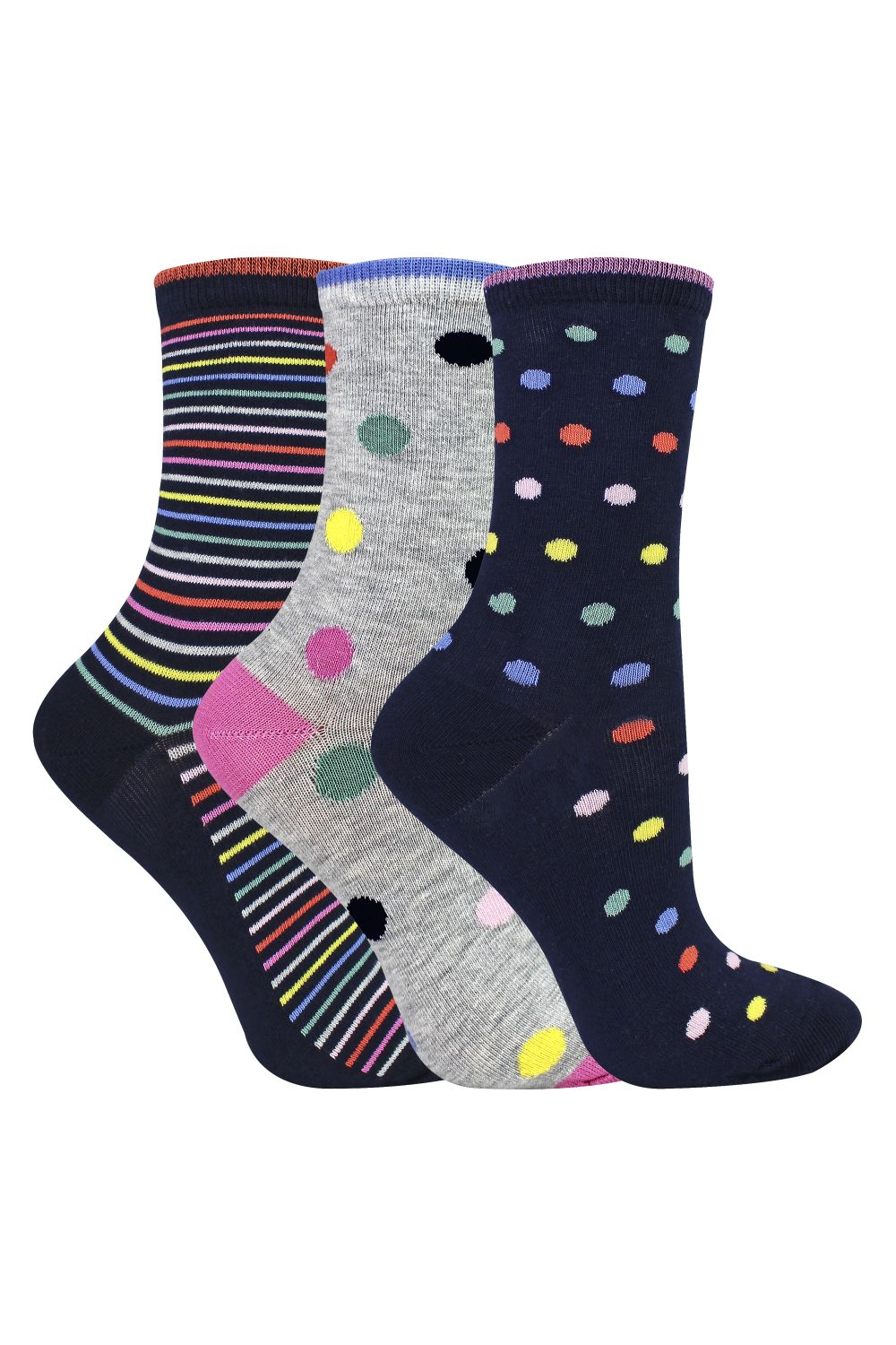 Multi 6 Pairs Ladies Spots and Stripe Patterned Socks- Soft Cotton Rich Everyday Socks, Image 2 of 2