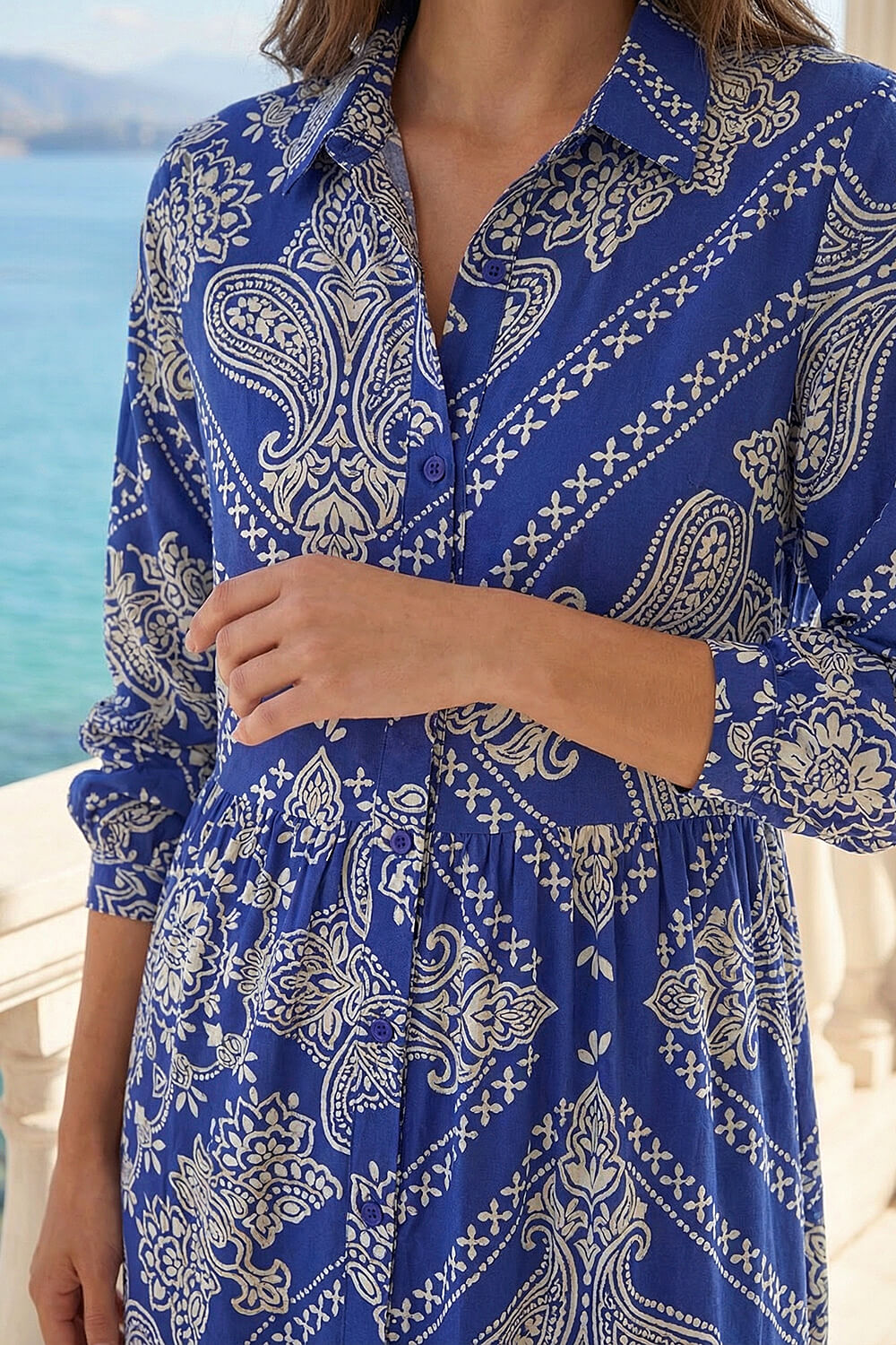 Blue Petite Print Tiered Shirt Midi Dress, Image 5 of 4