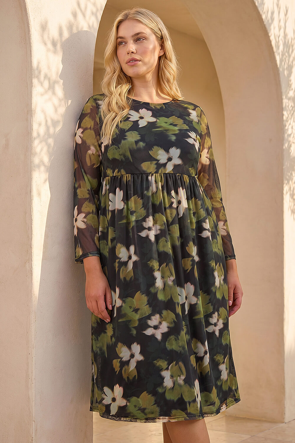 Green Curve Floral Print Mesh Midi Dress, Image 1 of 4