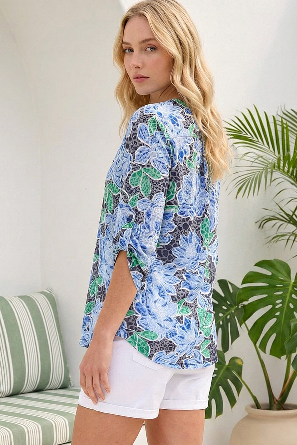 Blue Floral Print Burnout Shirt, Image 4 of 4