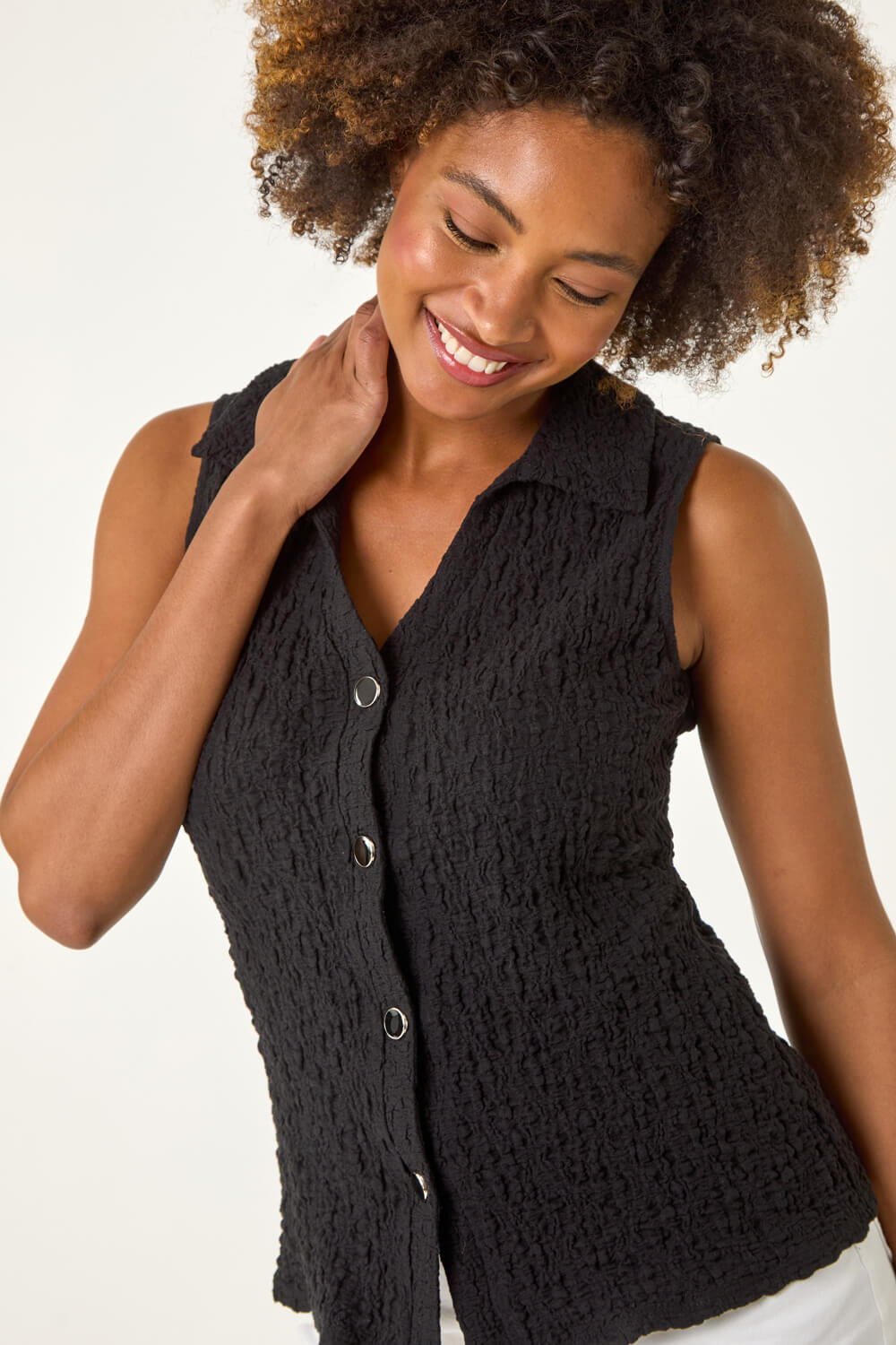 Black Textured Sleeveless Buttoned Blouse, Image 1 of 5