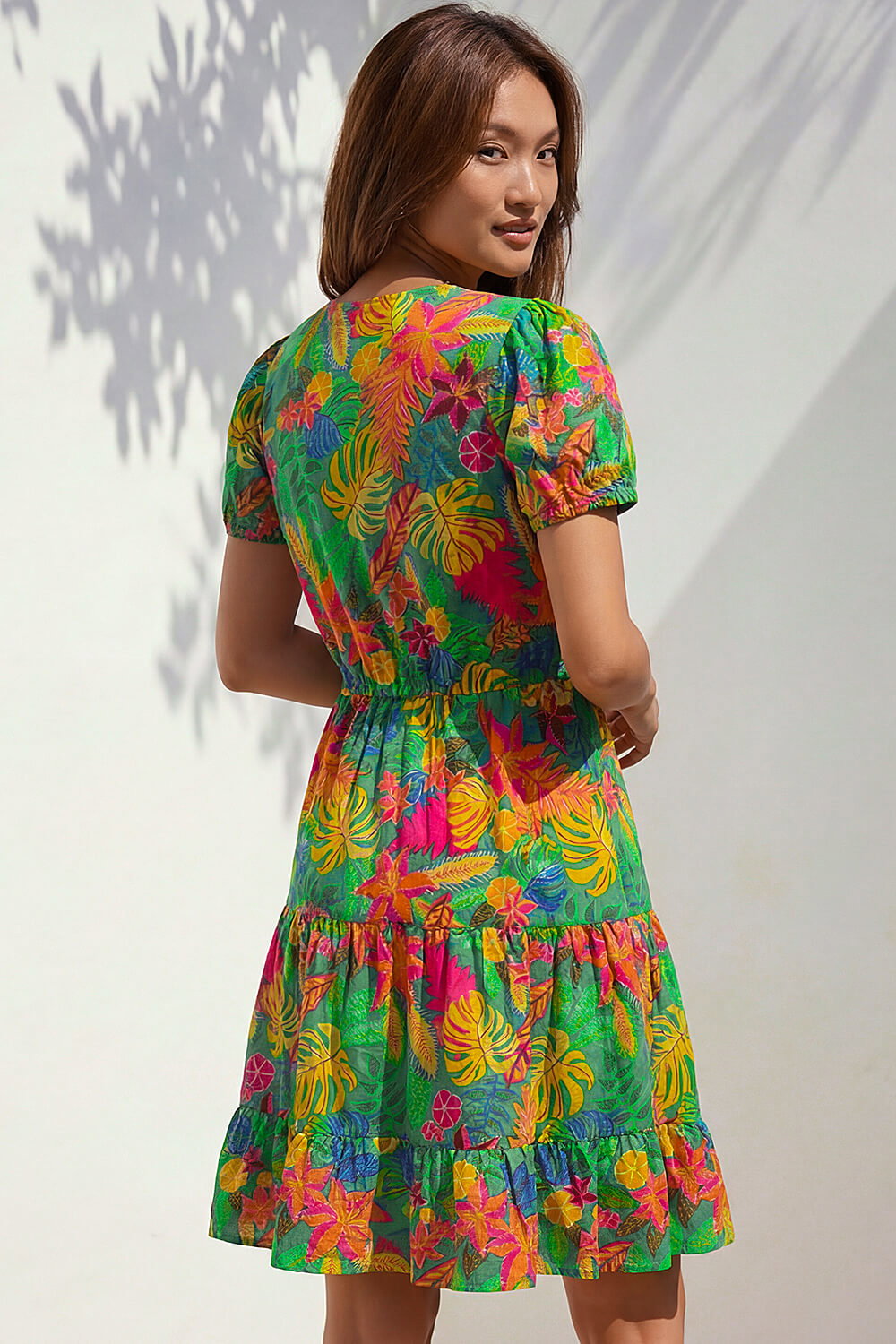 Multi Tropical Print V-Neck Ruched Dress, Image 3 of 4