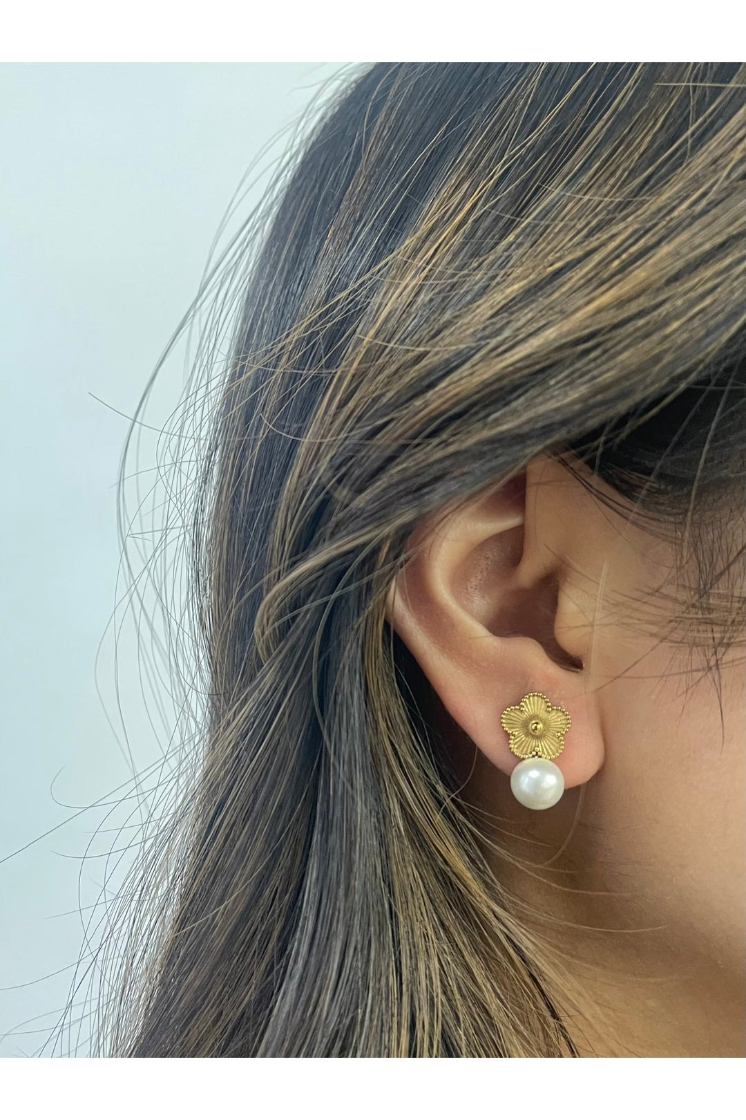 Gold Floral Pearl Stud Earrings in Gold, Image 3 of 4