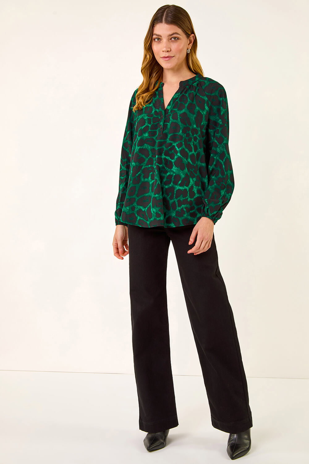 Green Animal Print V-Neck Top, Image 3 of 5
