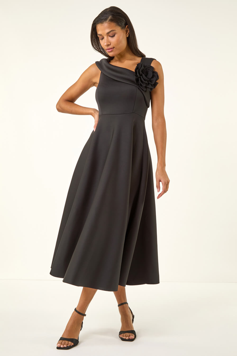 Black Corsage Premium Stretch Midi Dress, Image 3 of 5