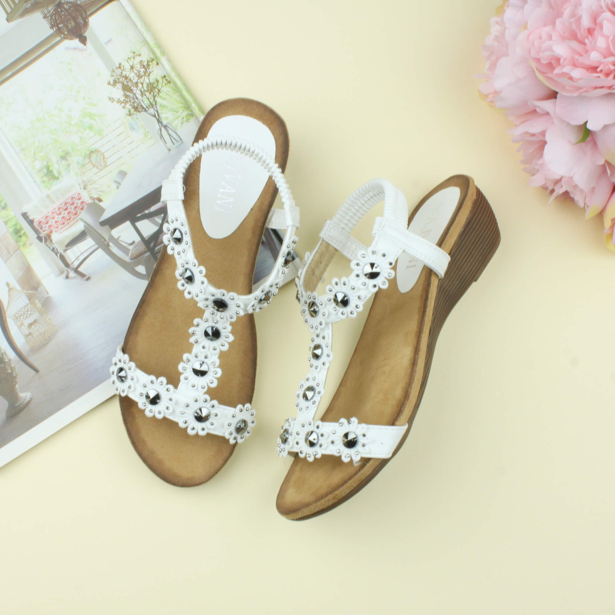 White AJVANI White Low Wedge Heel Strappy T-Bar Flower Slingback Sandals, Image 4 of 6