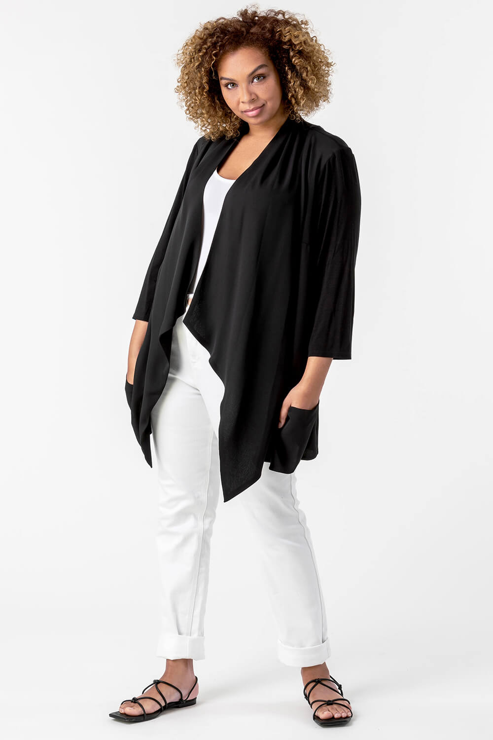 Black Curve Woven Front Jersey Cardigan, Image 4 of 4