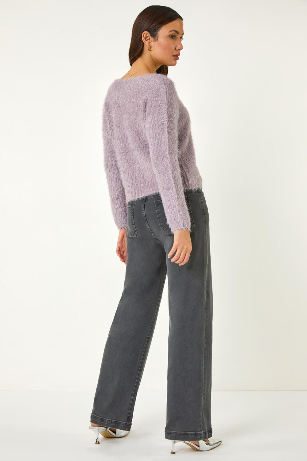 Purple V-Neck Fluffy Knit Jumper, Image 4 of 5