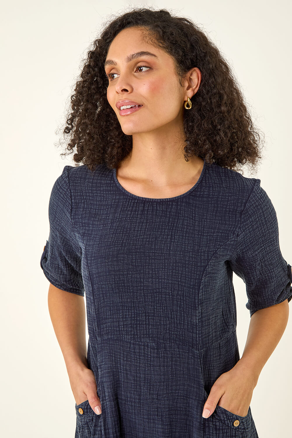 Denim Textured A-Line Midi Dress, Image 5 of 5