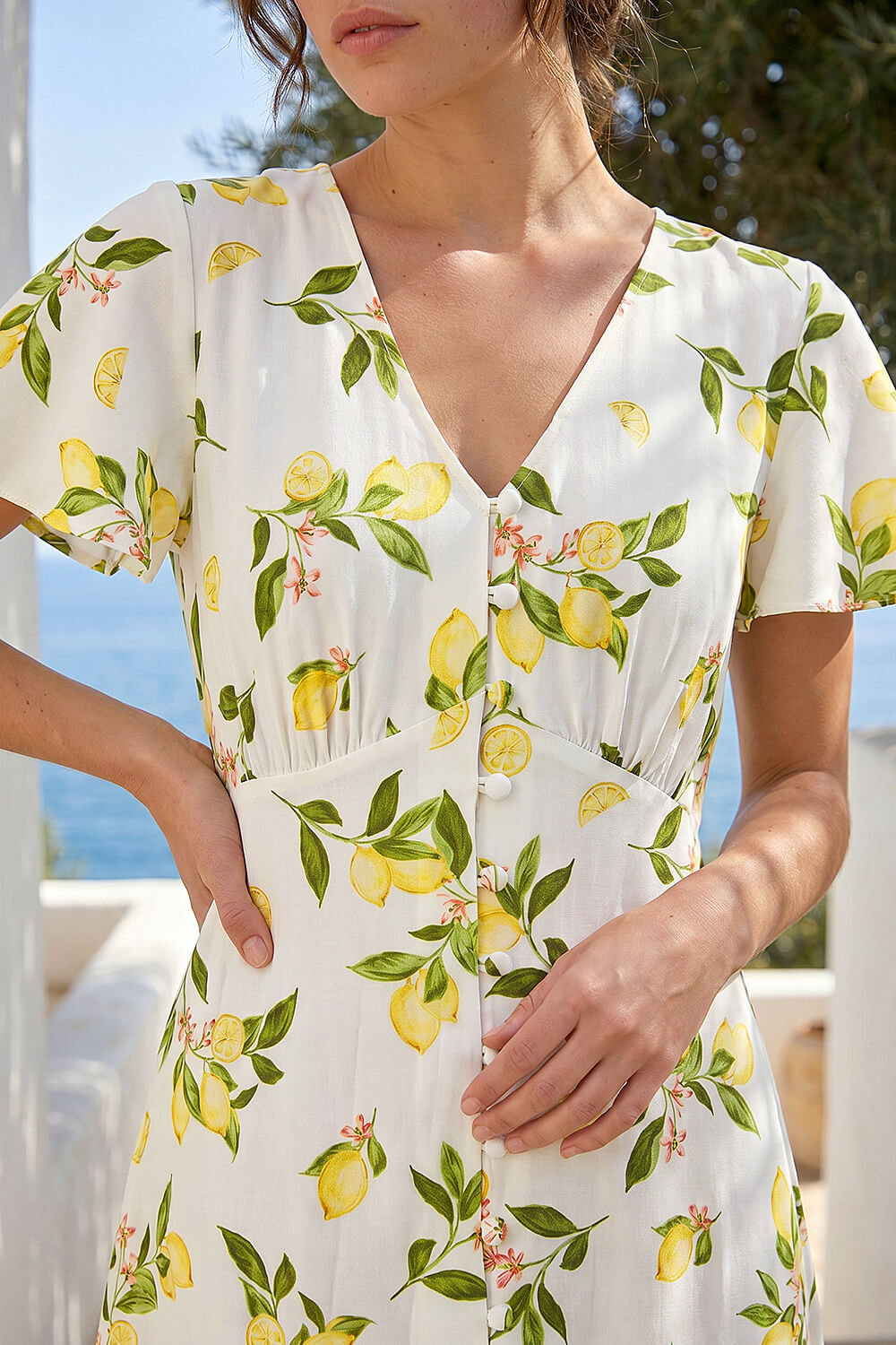 Ivory Petite Lemon Print Button Tea Dress, Image 5 of 4