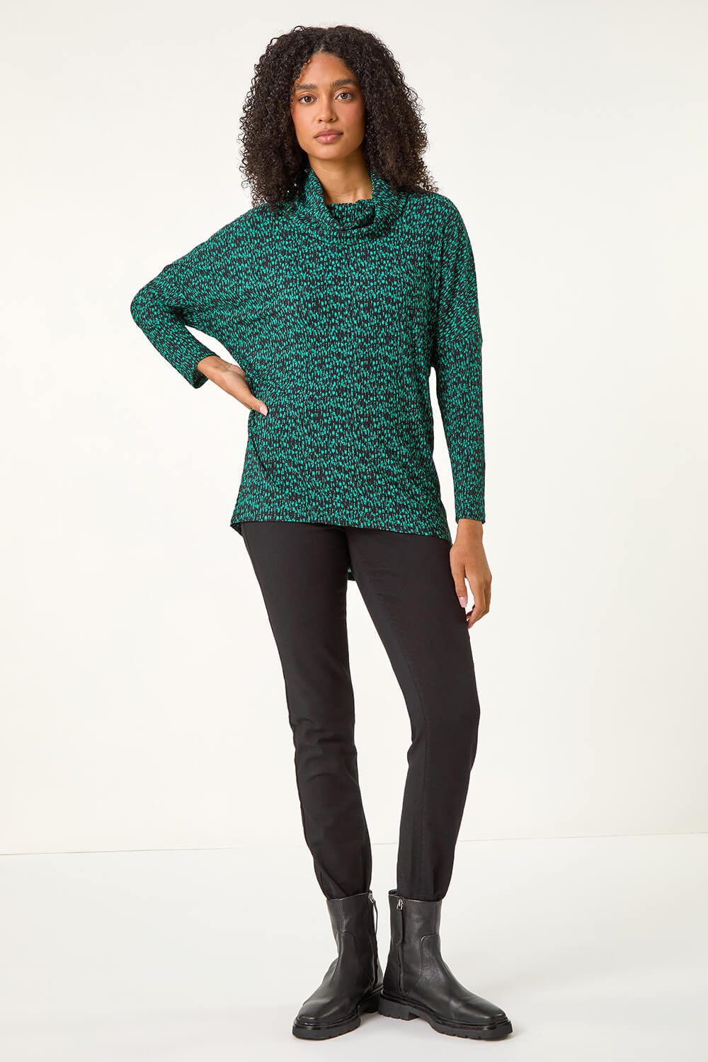 Green Print Relaxed Cowl Neck Tunic Top, Image 3 of 5