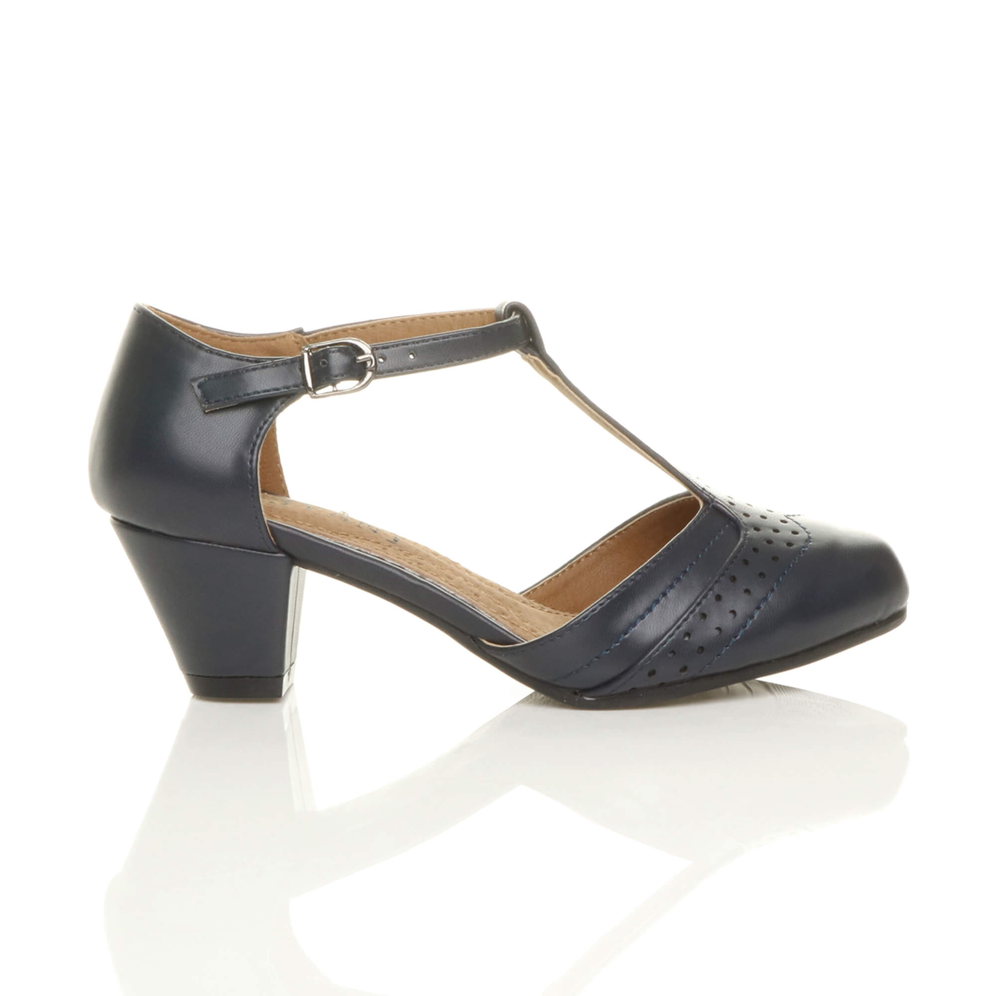 Navy Blue Mid Heel Comfort T-Bar Brogue Heels, Image 2 of 6