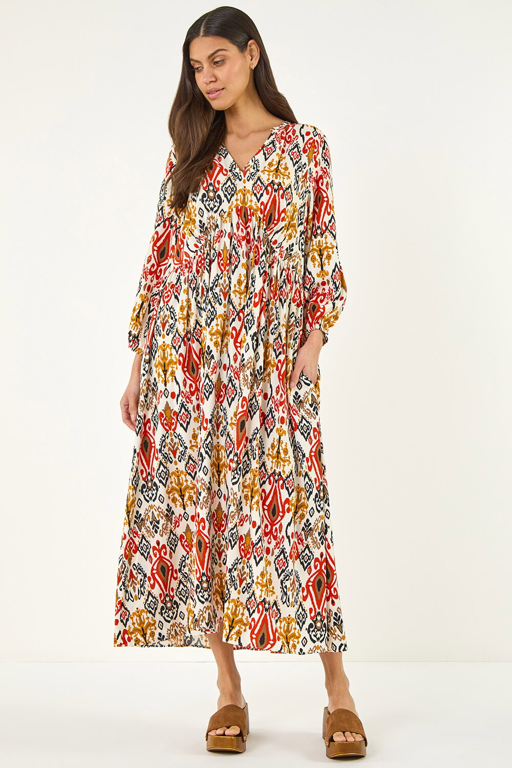 Dark Orange Abstract Print Empire Waist Dress | Roman UK