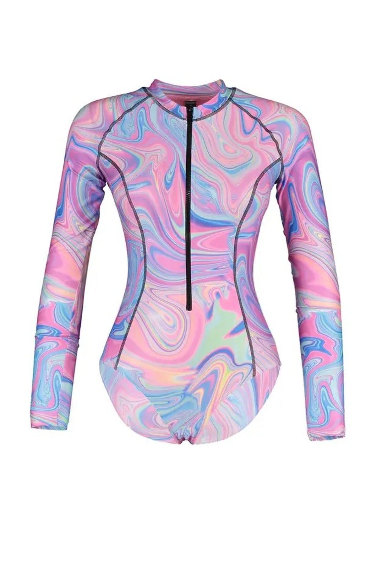 Multi Long Sleeve Zip Front Marble Print Performance Swimsuit, Image 2 of 4