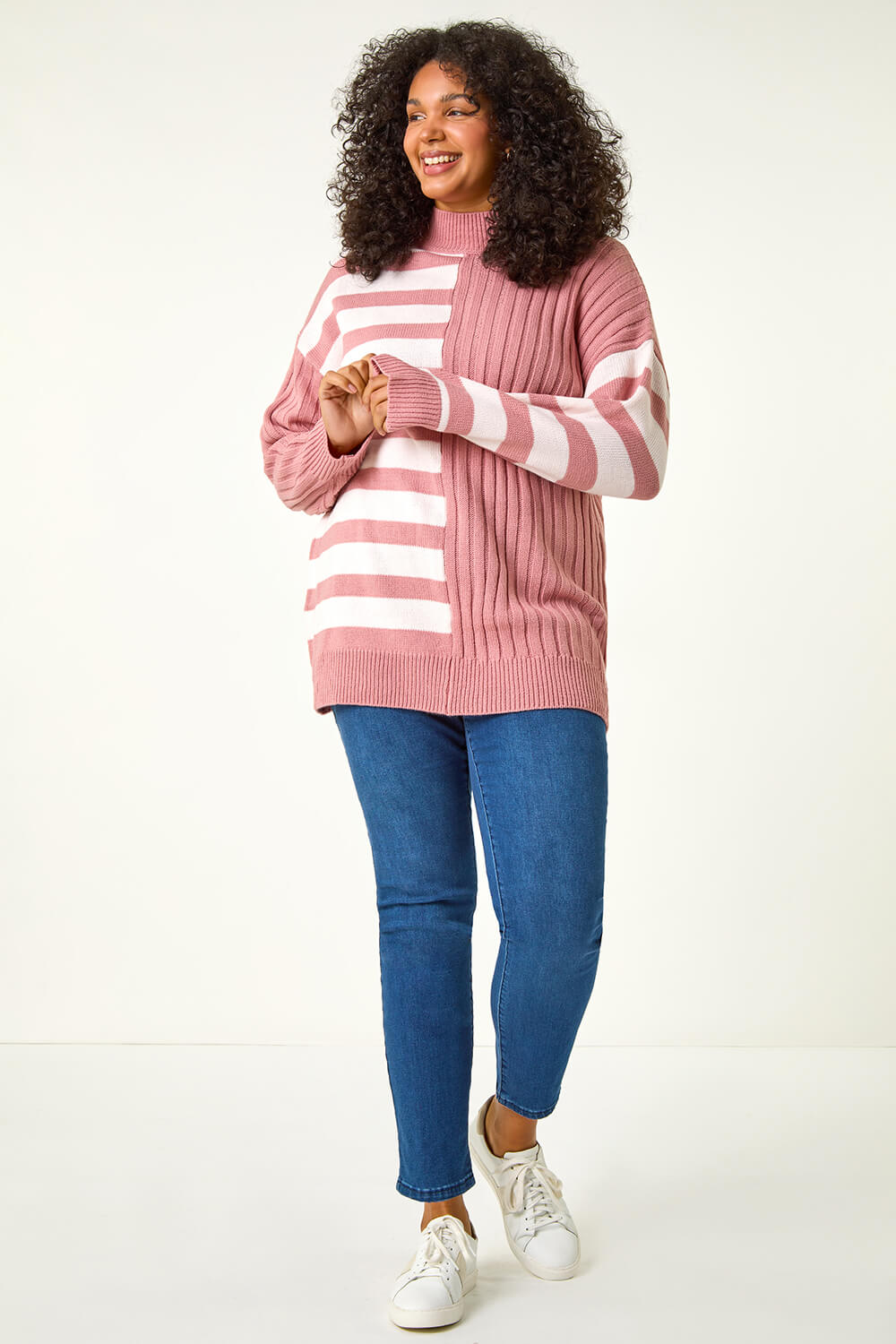 PINK Curve Contrast Stripe High Neck Jumper, Image 3 of 5