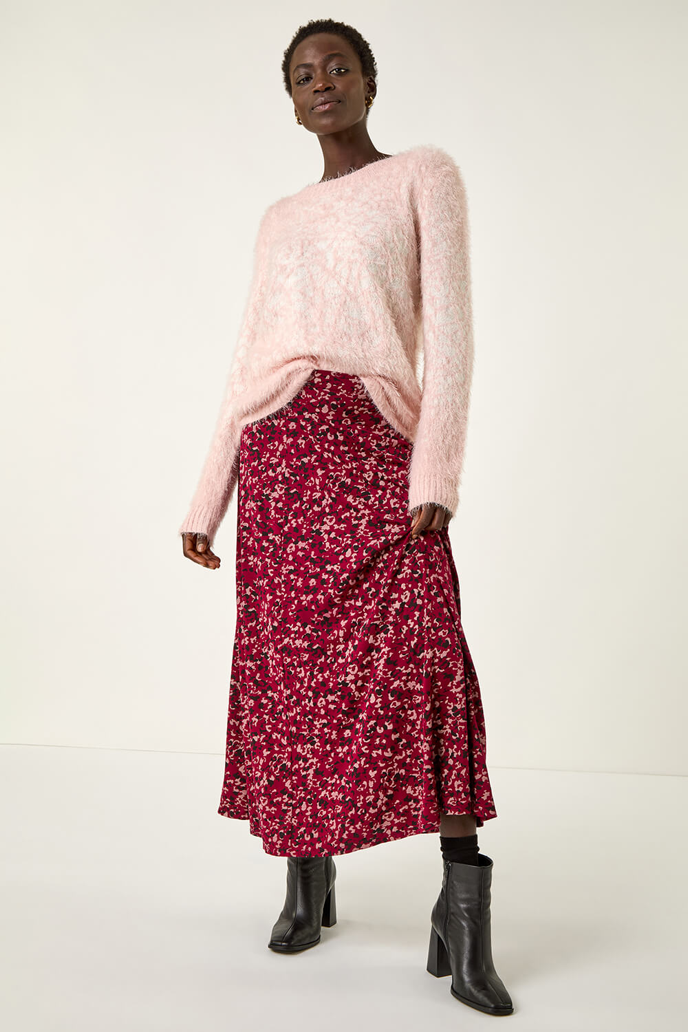 Wine Confetti Print Stretch Midi Skirt, Image 4 of 5