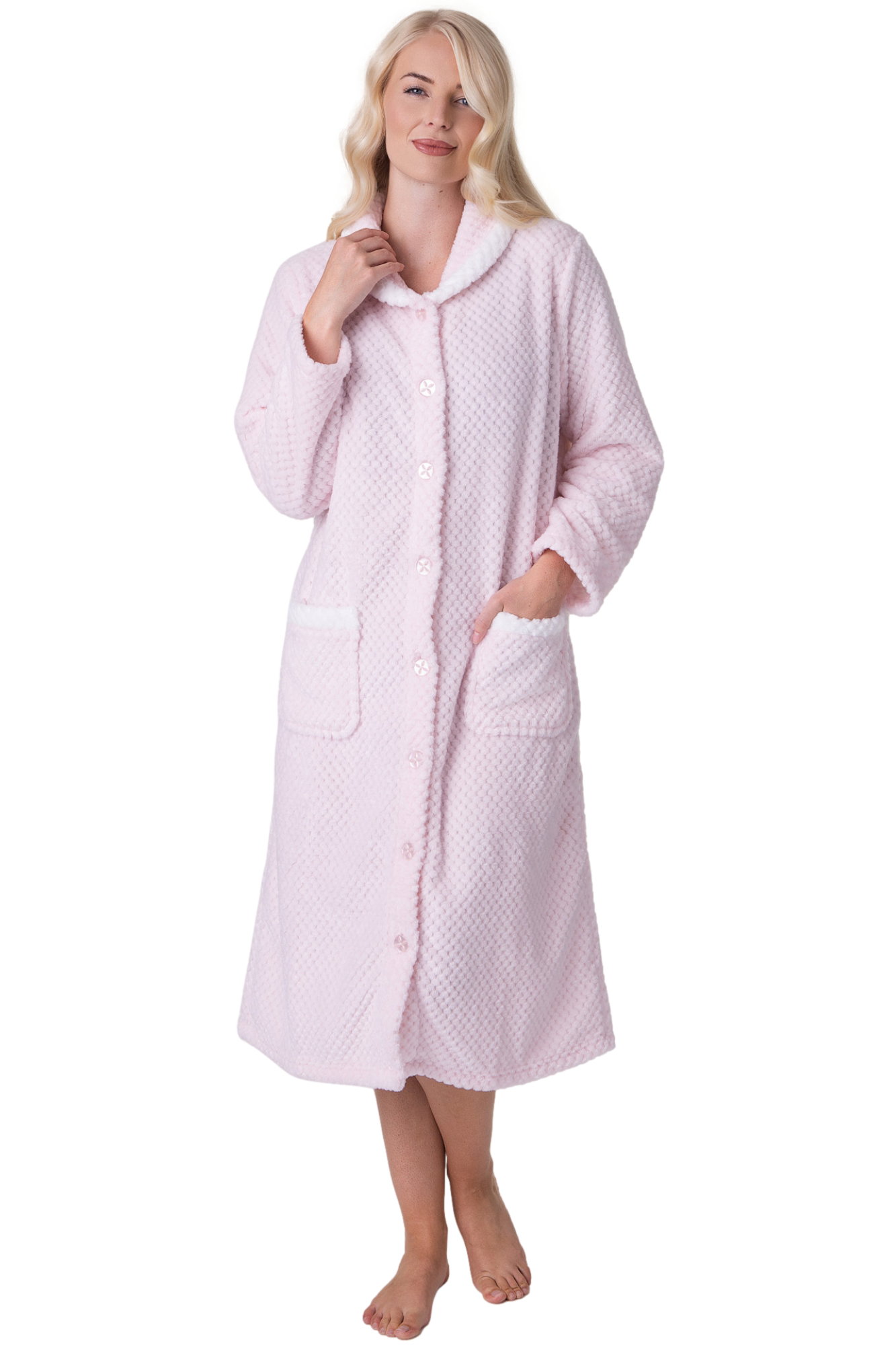 Pink Camille Lingerie Pink Supersoft Button Front Housecoat, Image 1 of 5