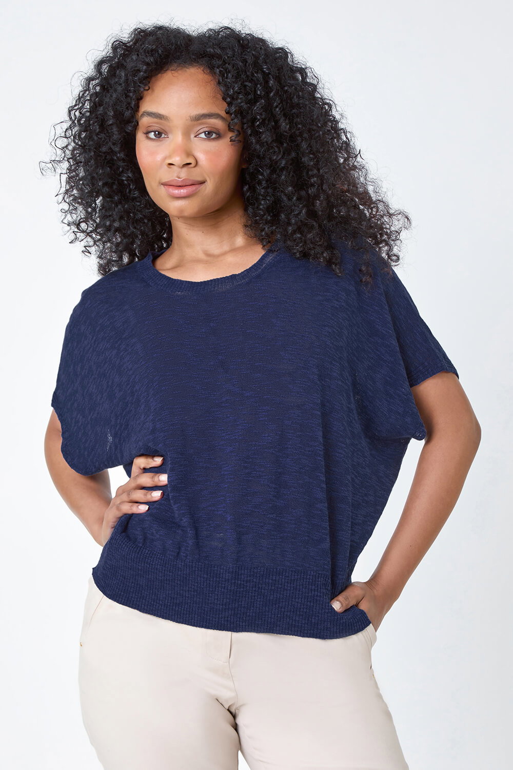 Navy  Petite Cotton Blend Textured Knit Top, Image 5 of 5