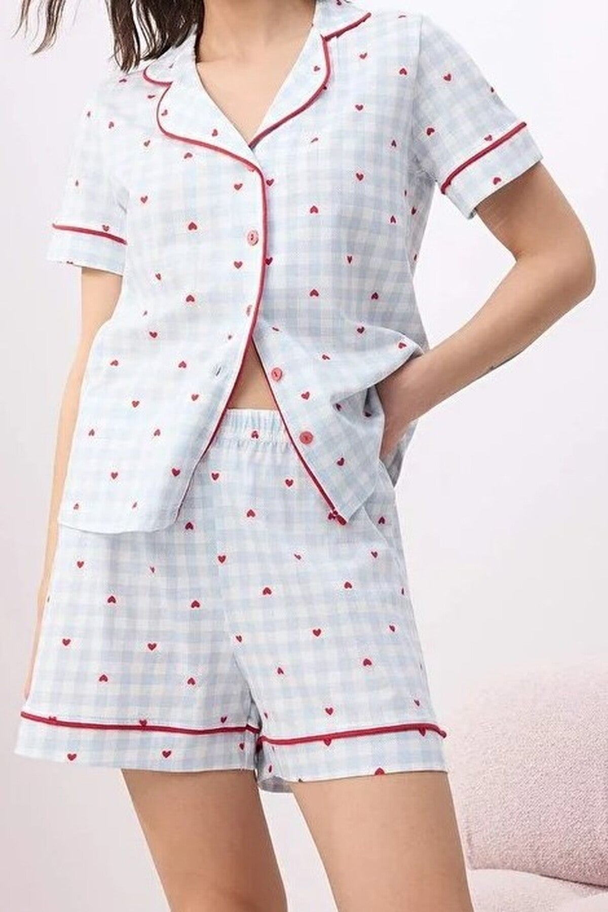 Multi Heart Print Short Sleeve Pyjama Lounge Short Set, Image 2 of 4