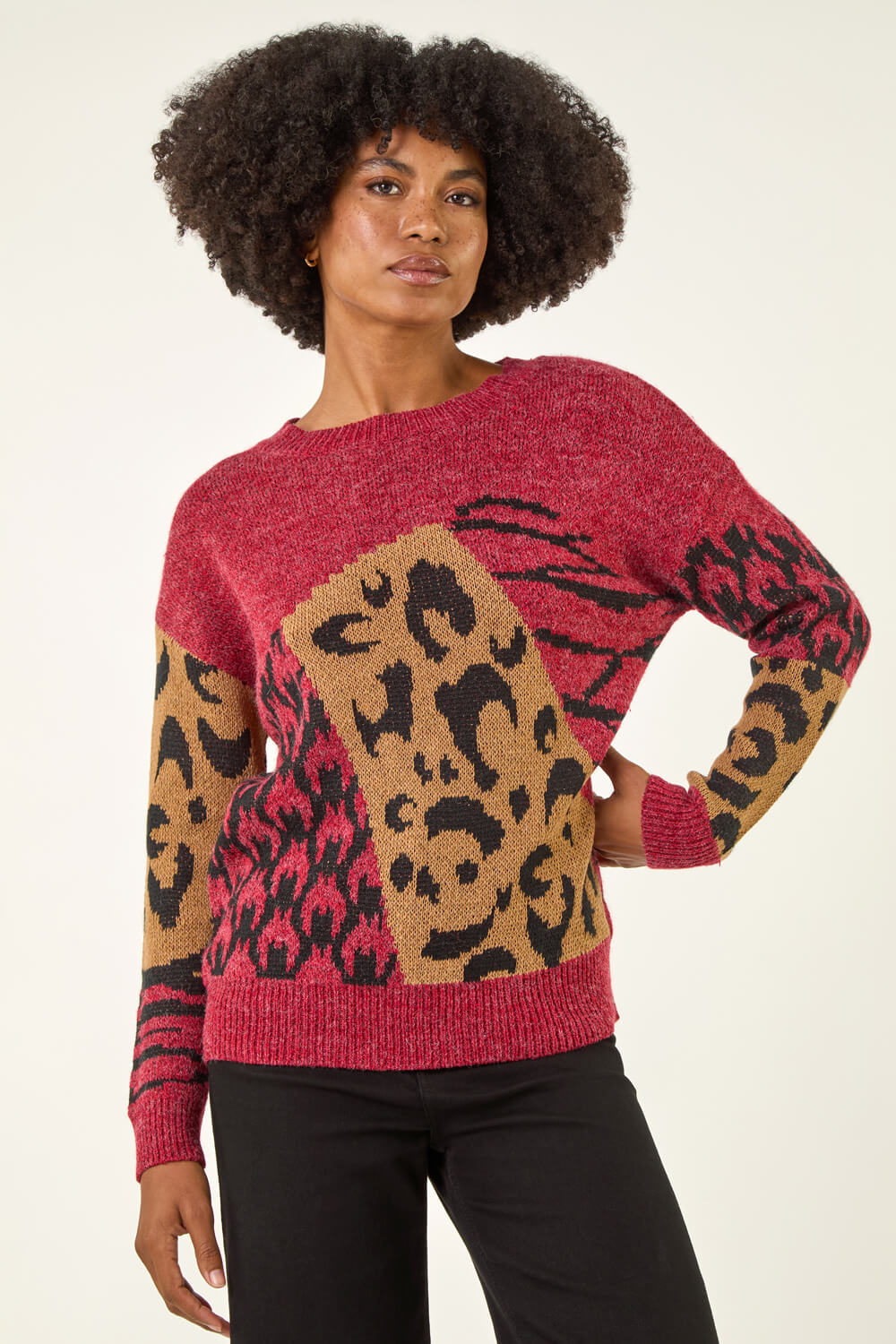 Maroon Colour Block Abstract Knit Jumper, Image 1 of 5