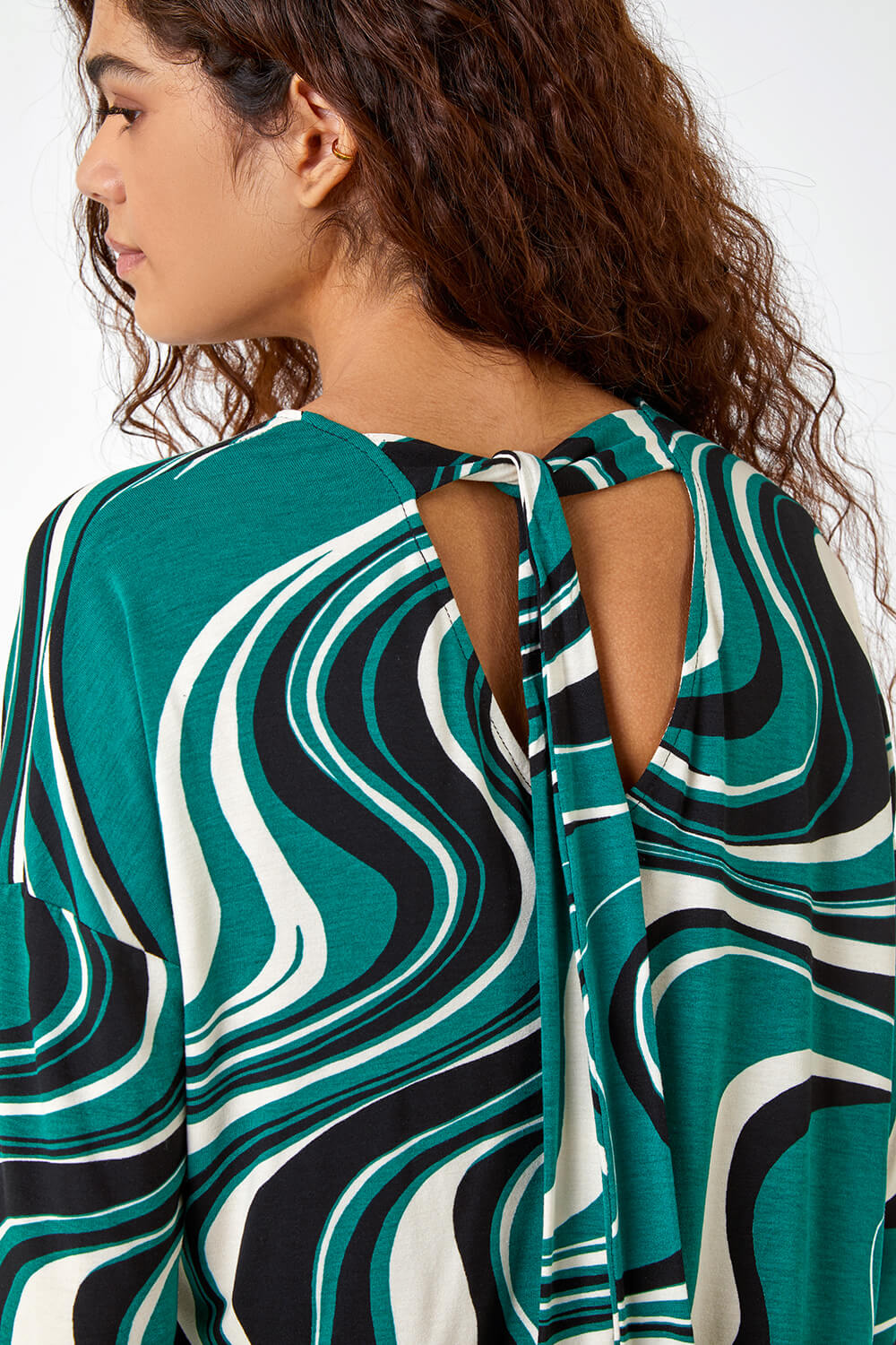 Green Swirl Print Tie Back Stretch Top, Image 3 of 5