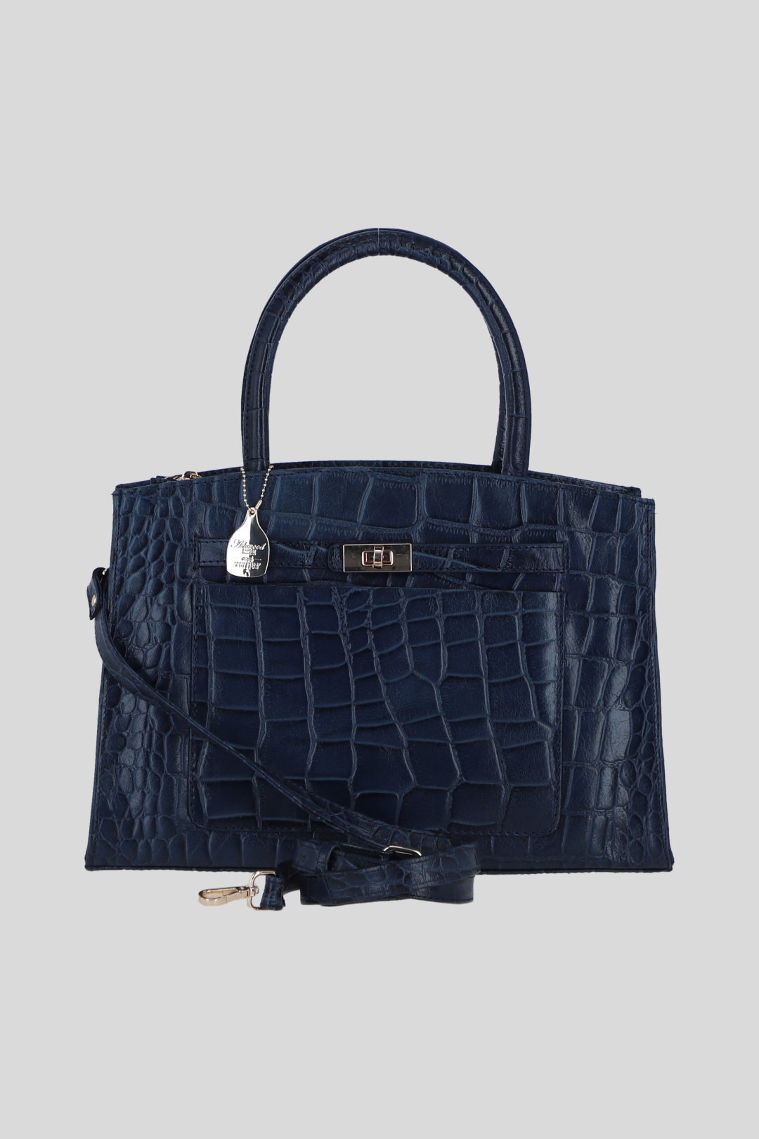 Navy Real Leather Structured Handbag with Detachable Strap, Image 1 of 4