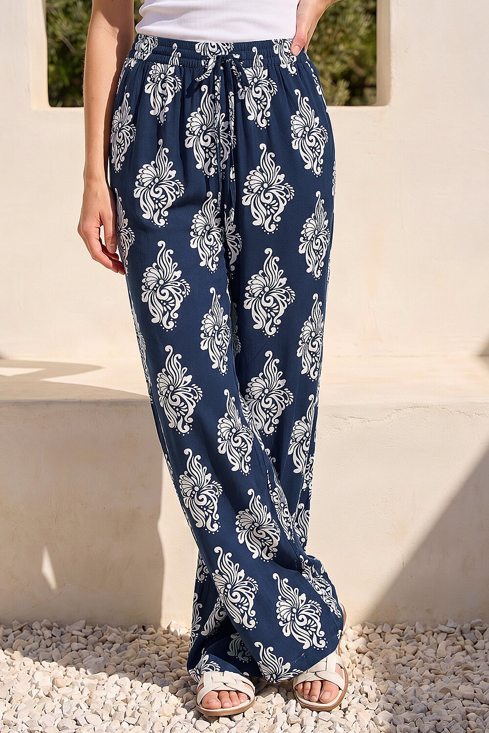 Navy  Mono Print Wide Leg Trouser, Image 3 of 4