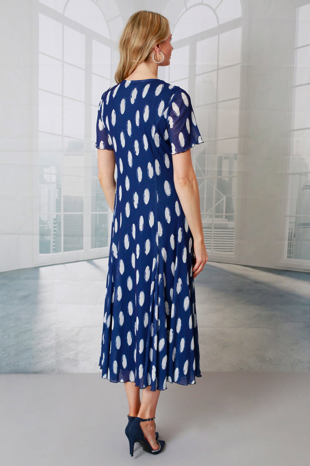 Navy Julianna Polka Dot Mesh Godet Midi Dress, Image 3 of 3