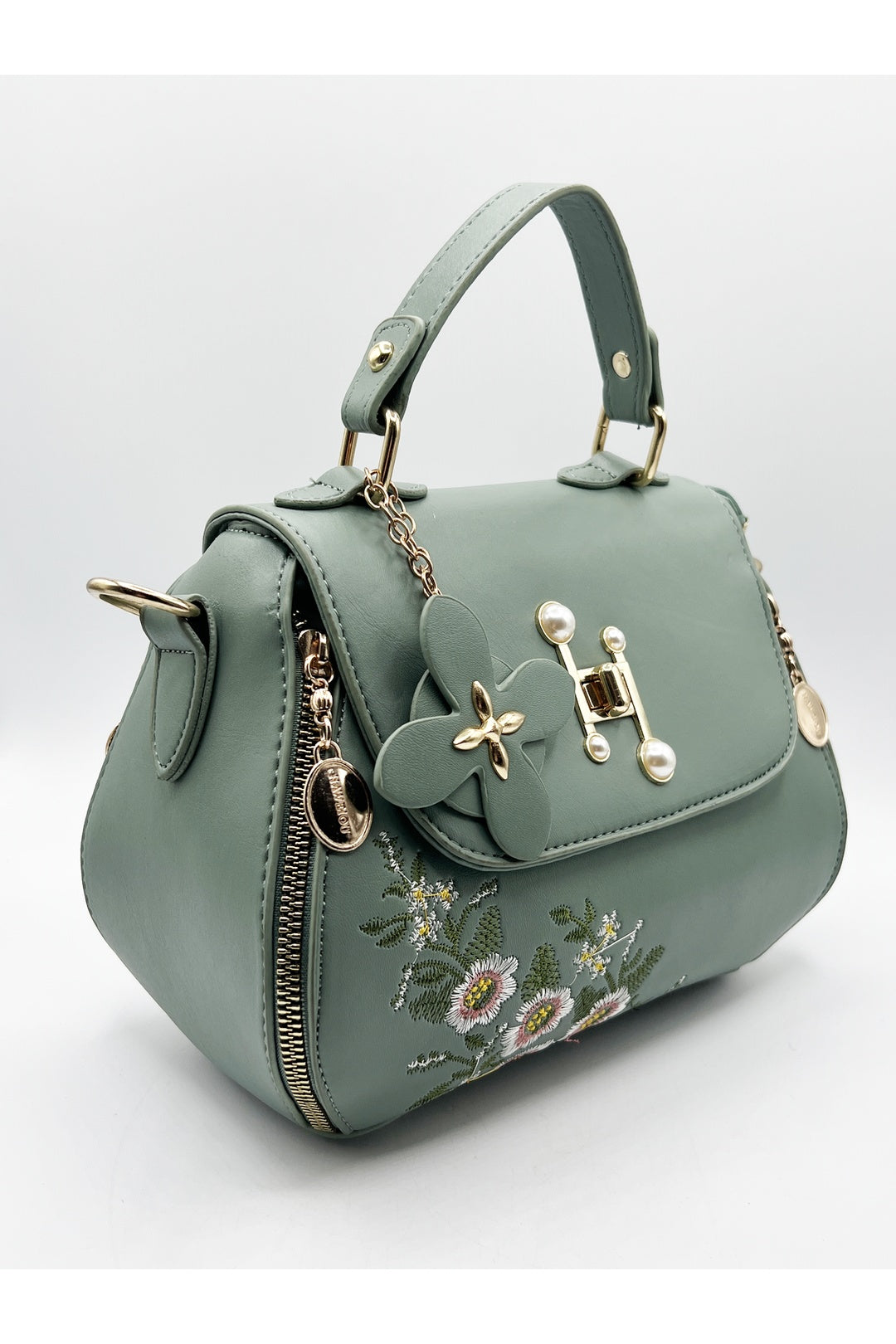 Green Embroidered Crossbody Bag with Zip Charms, Image 3 of 4