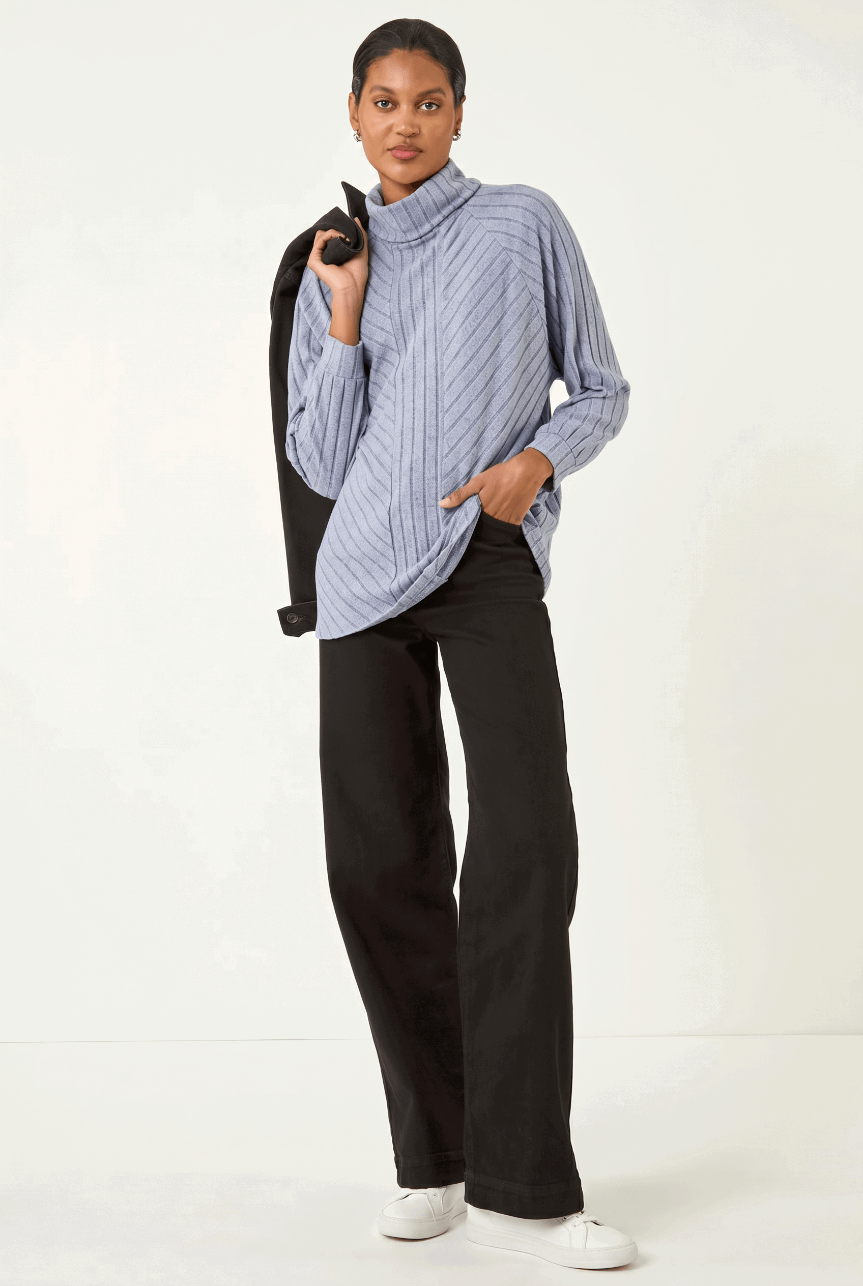 Light Blue Textured Stripe Cowl Neck Top, Image 3 of 5