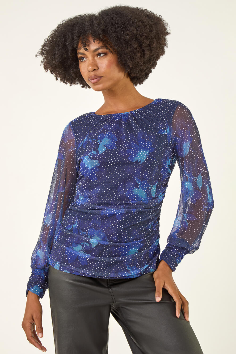 Navy Printed Stud Mesh Stretch Top, Image 1 of 5