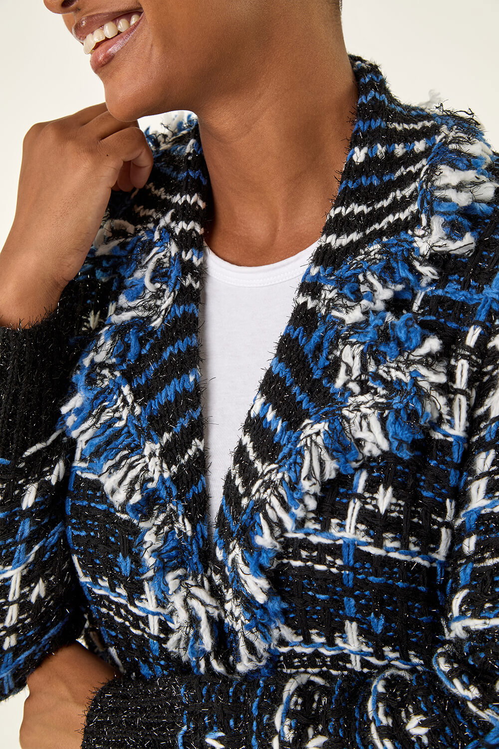 Navy Check Fringe Knit Cardigan, Image 6 of 5