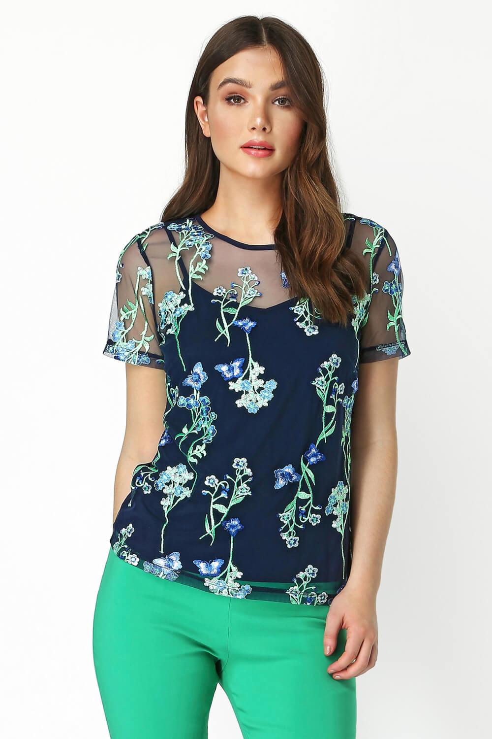 Blue Floral Mesh Embroidered Top, Image 1 of 8