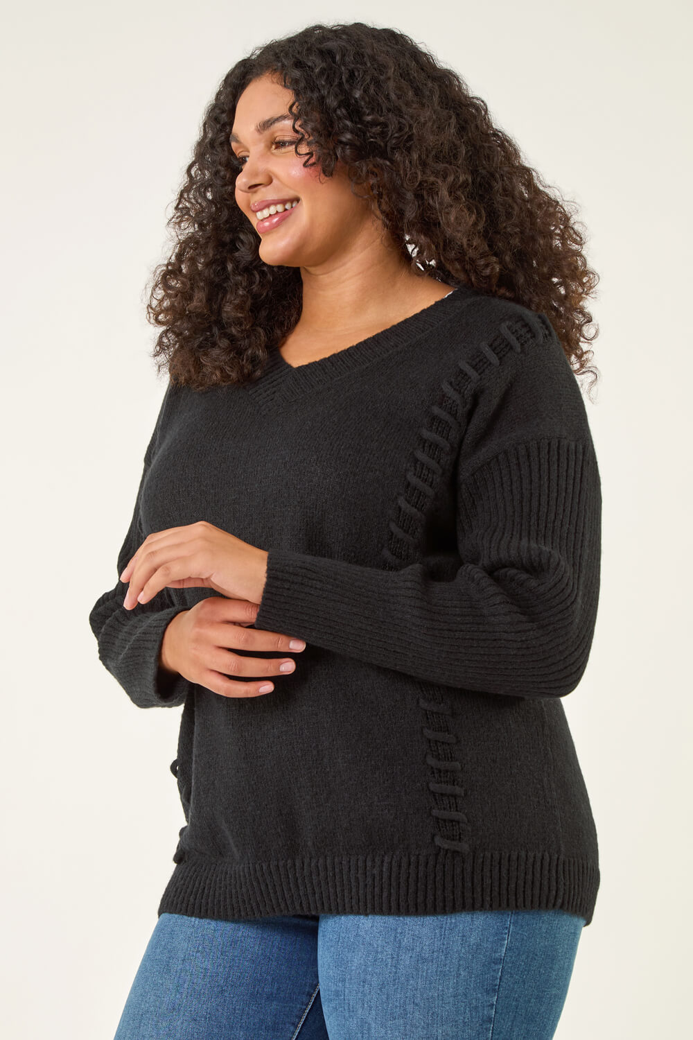 Black Curve Stitch V-Neck Knit Jumper, Image 1 of 5