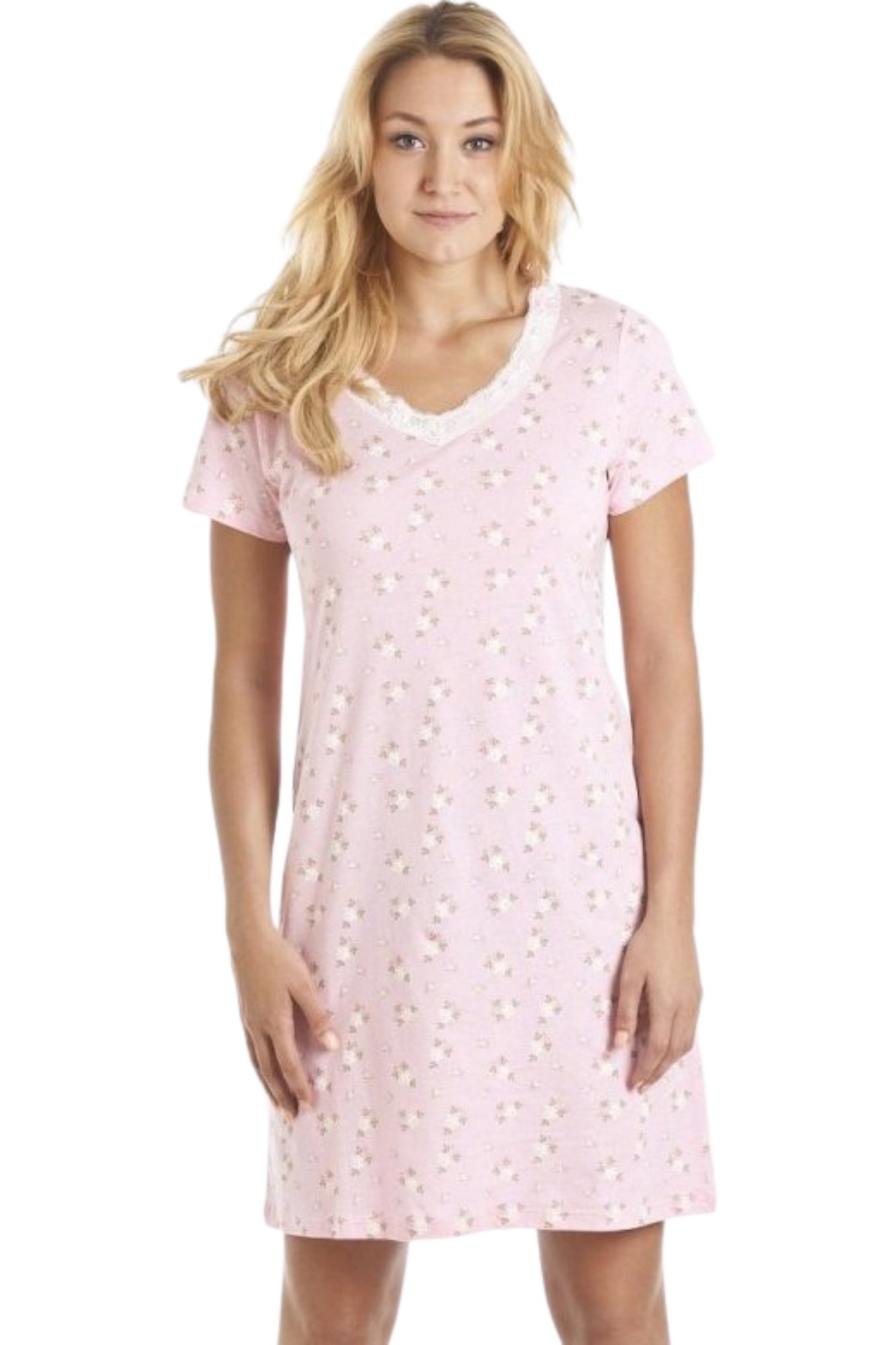 Pink Camille Lingerie Pink Ditsy Rose Floral Print Cotton Nightshirt, Image 1 of 5