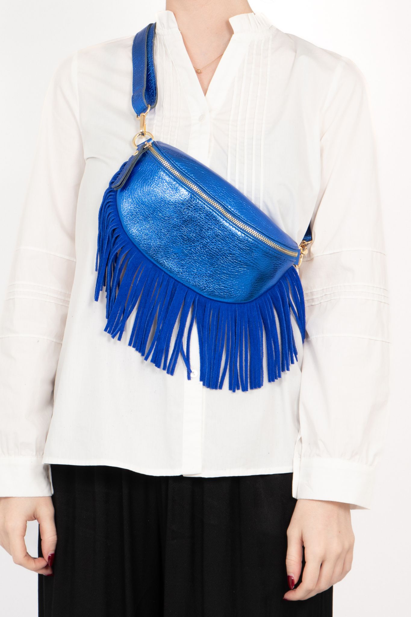 Blue Fringed Half Moon Leather Crossbody Bag, Image 2 of 2