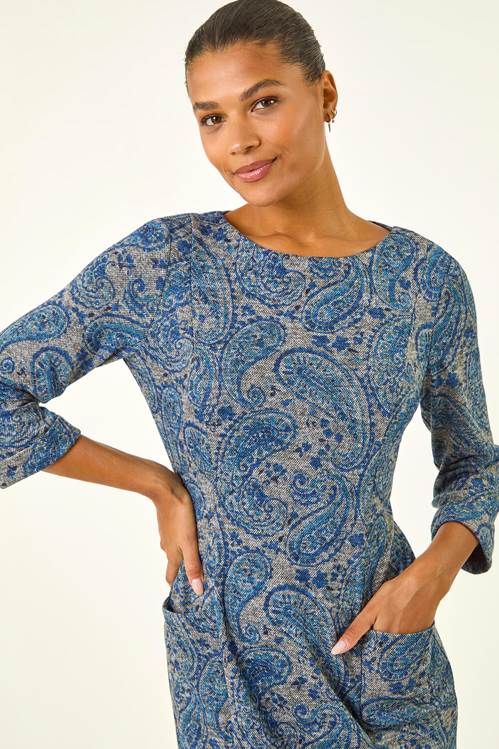Blue Paisley Print Pocket Shift Stretch Dress, Image 5 of 5