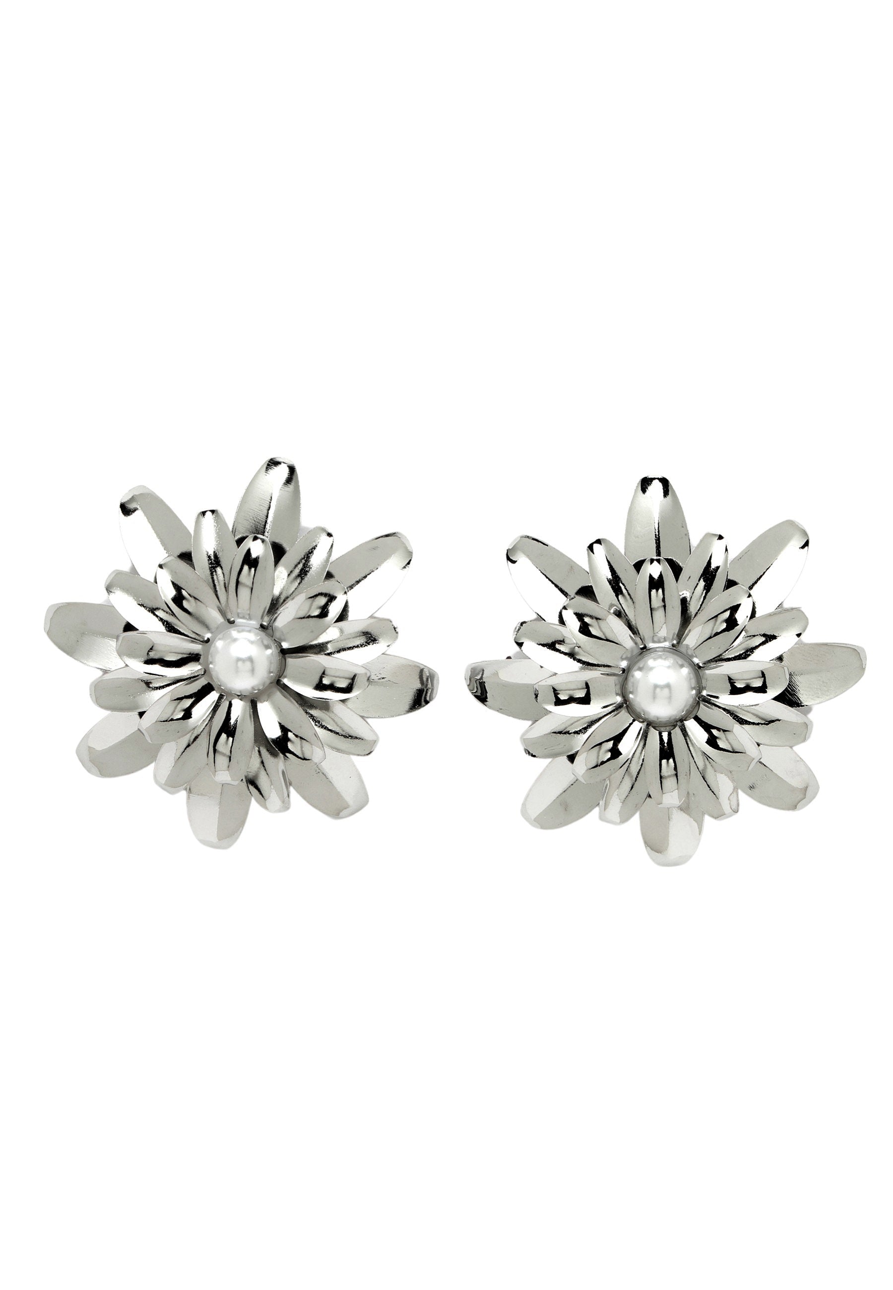 Metallic Silver-Colored Floral Stud Earrings