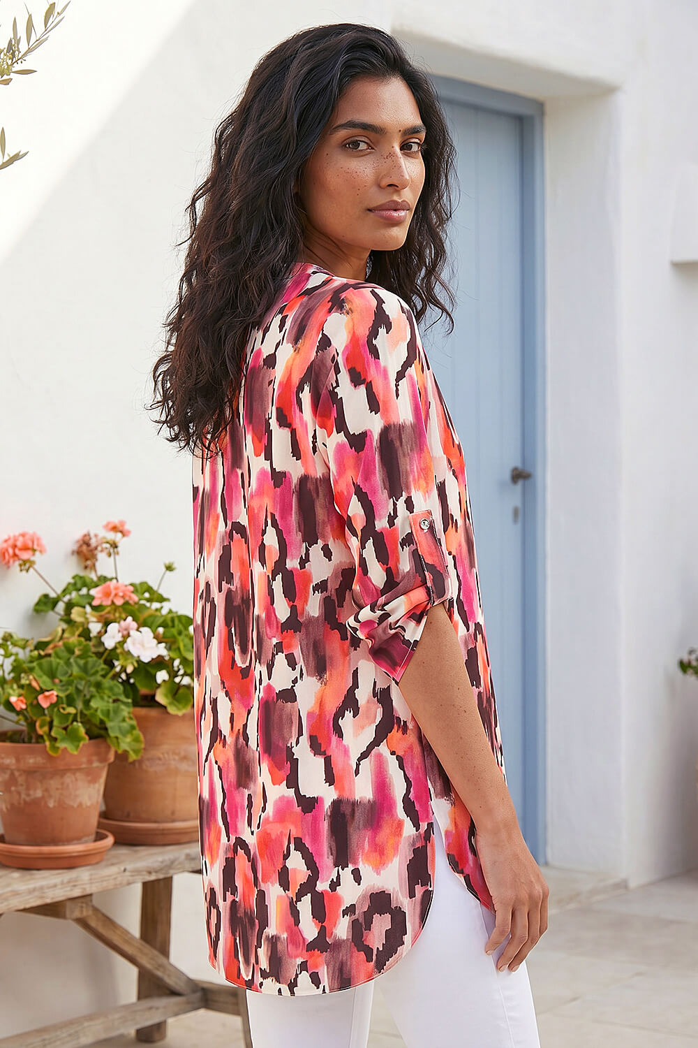 Orange Abstract Print V-Neck Button Top, Image 3 of 4