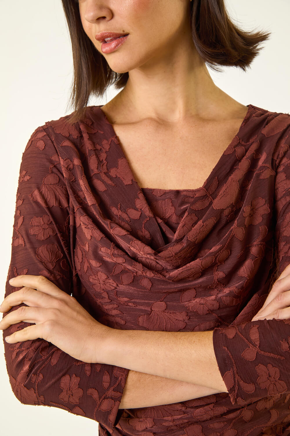 Chocolate Cowl Neck Jacquard Stretch Top, Image 6 of 5