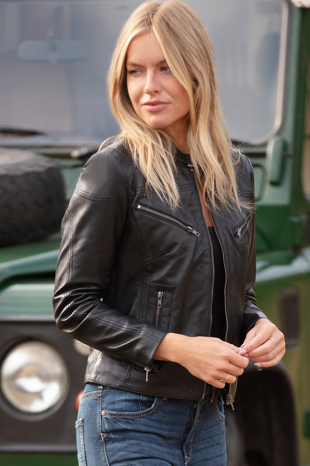 Black 'Lolita' Real Leather Mandarin Collar Biker Jacket