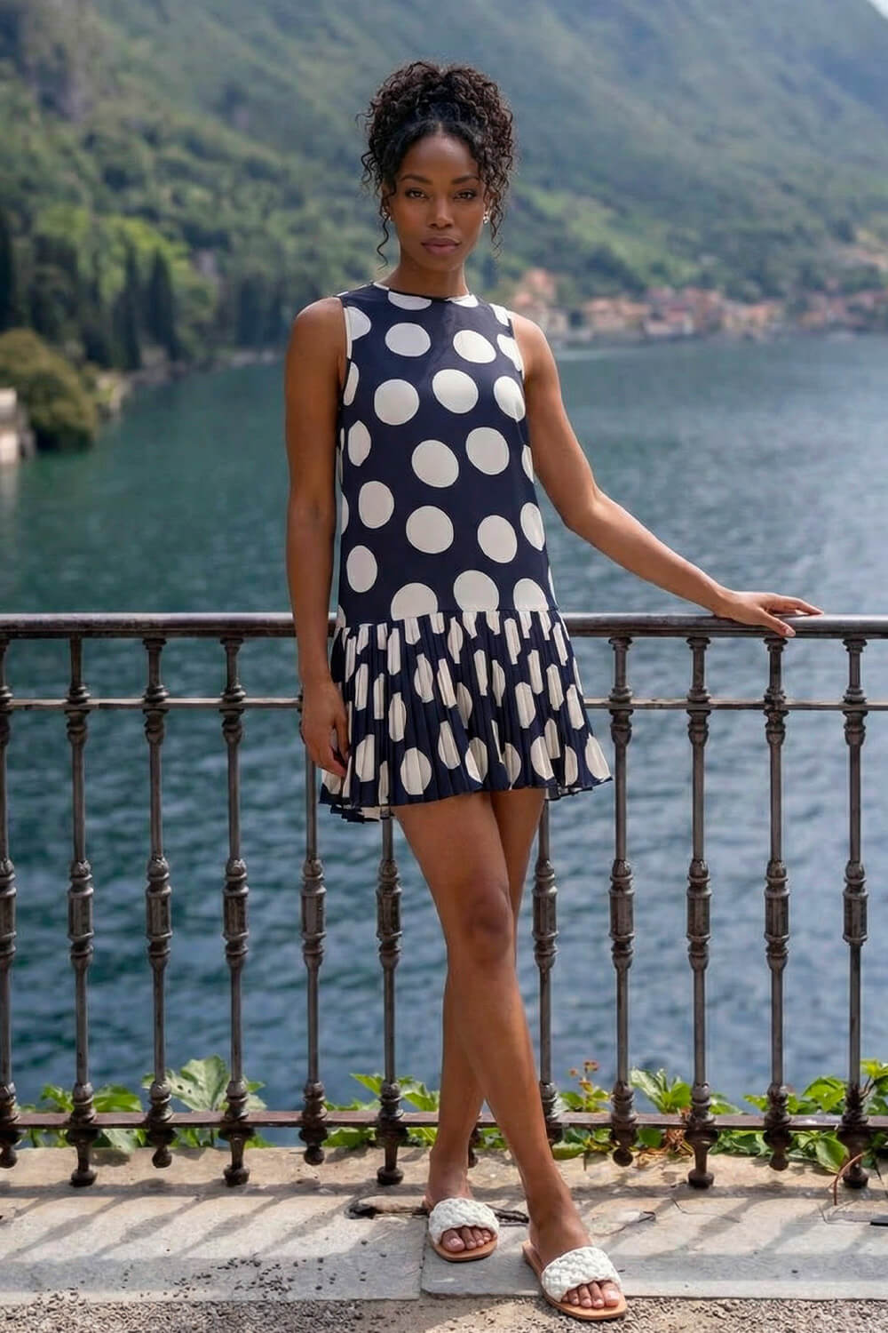Navy Polka Dot Pleated A-Line Dress , Image 1 of 4