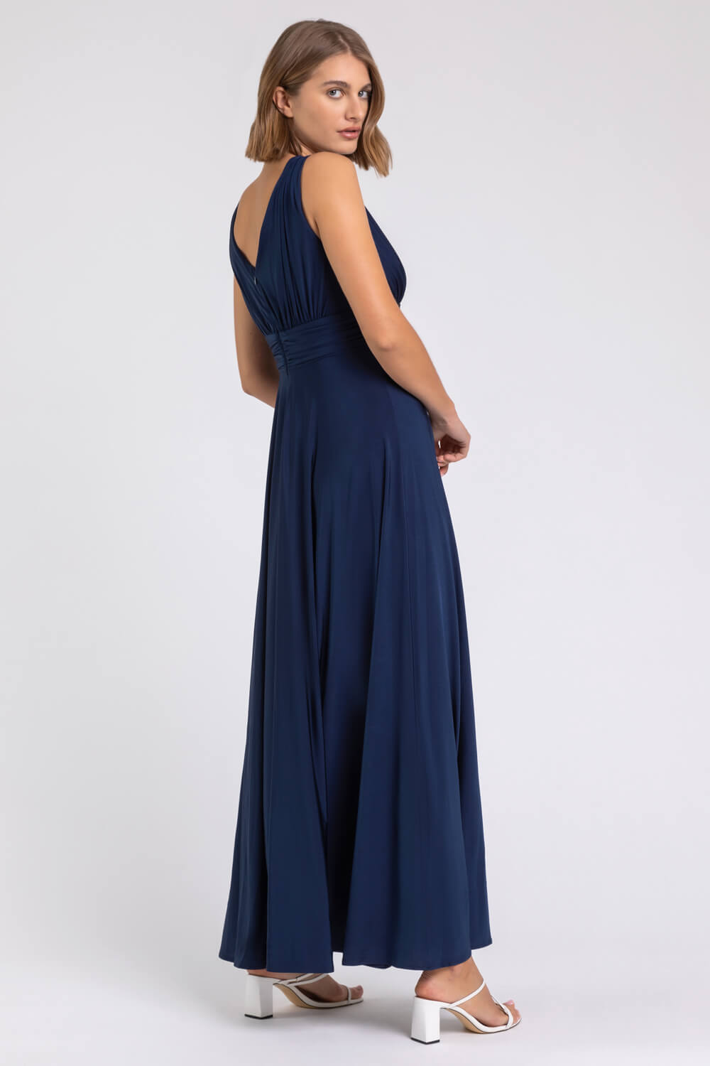 Navy Ruched Sleeveless Stretch Maxi Dress, Image 3 of 4